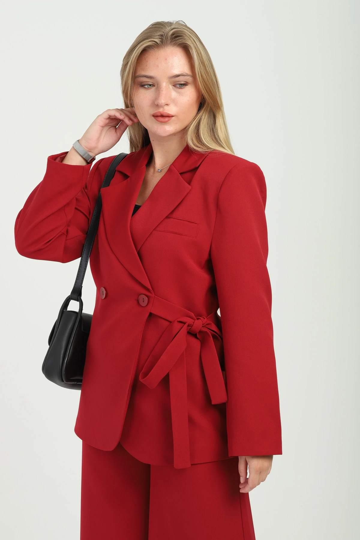 Çift Düğmeli Yandan Bağlamalı Kruvaze Nar Çiçeği Kadın Takım