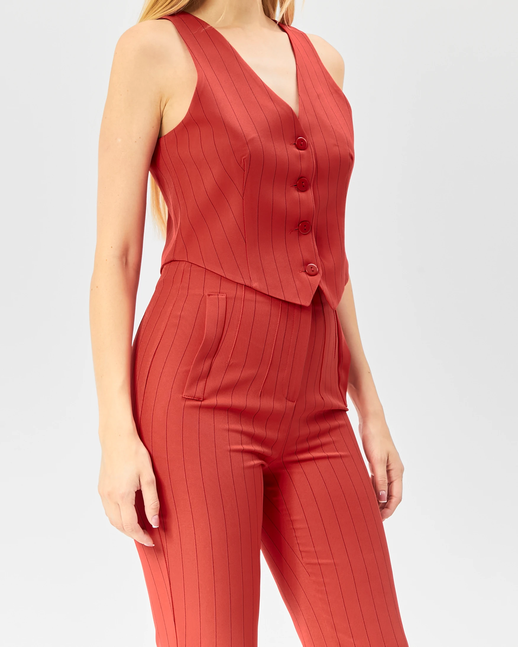 Kadın Çizgili Tokalı Kısa Cepken Yelek 