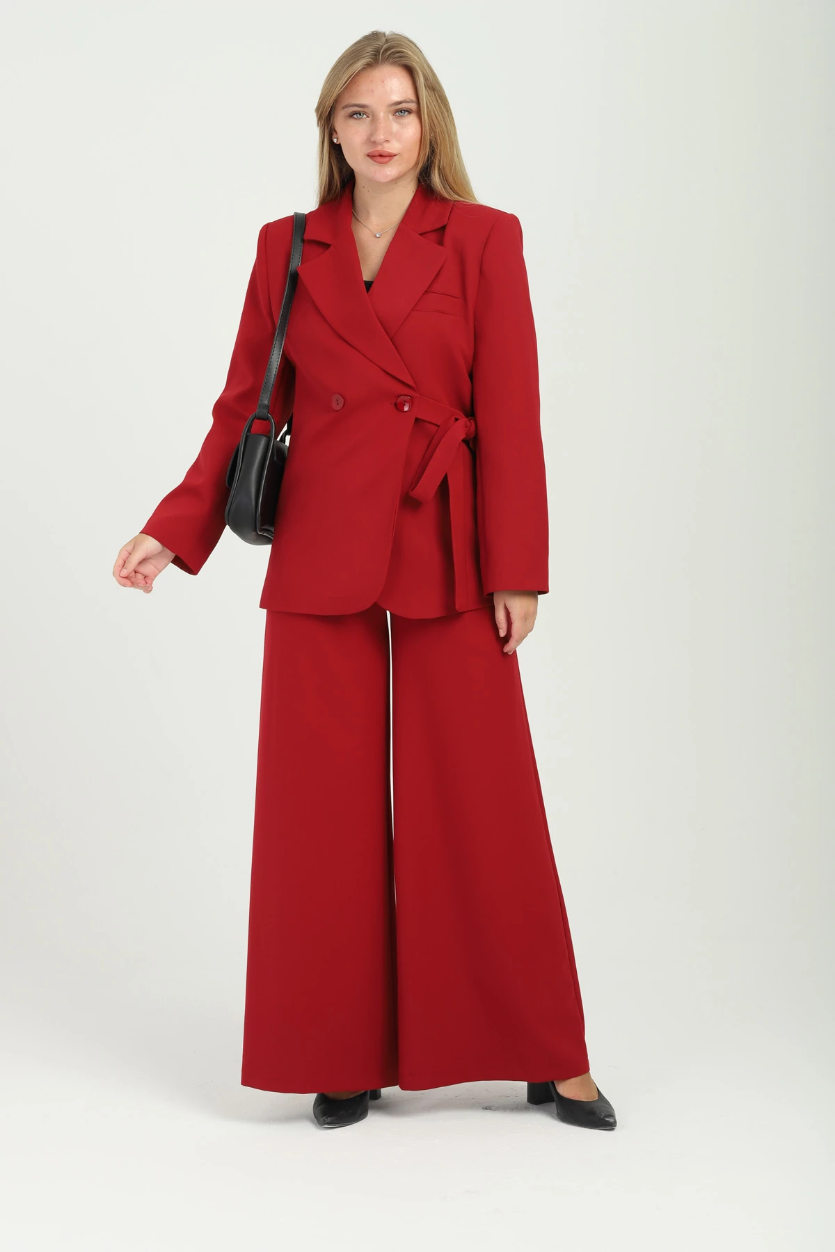 Çift Düğmeli Yandan Bağlamalı Kruvaze Nar Çiçeği Kadın Takım