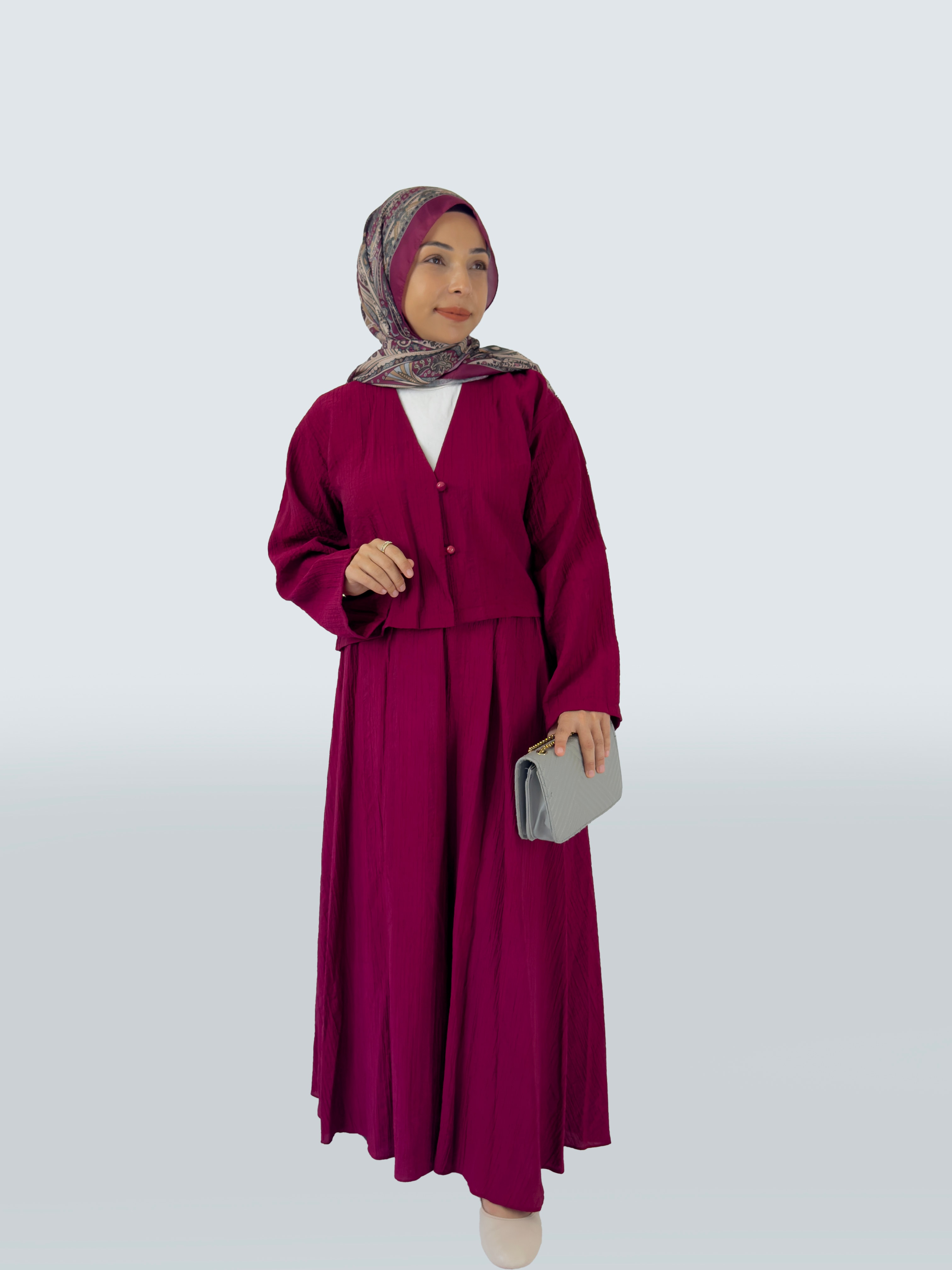 Selene Soft Gofre Kumaş İkili Takım  - bordo