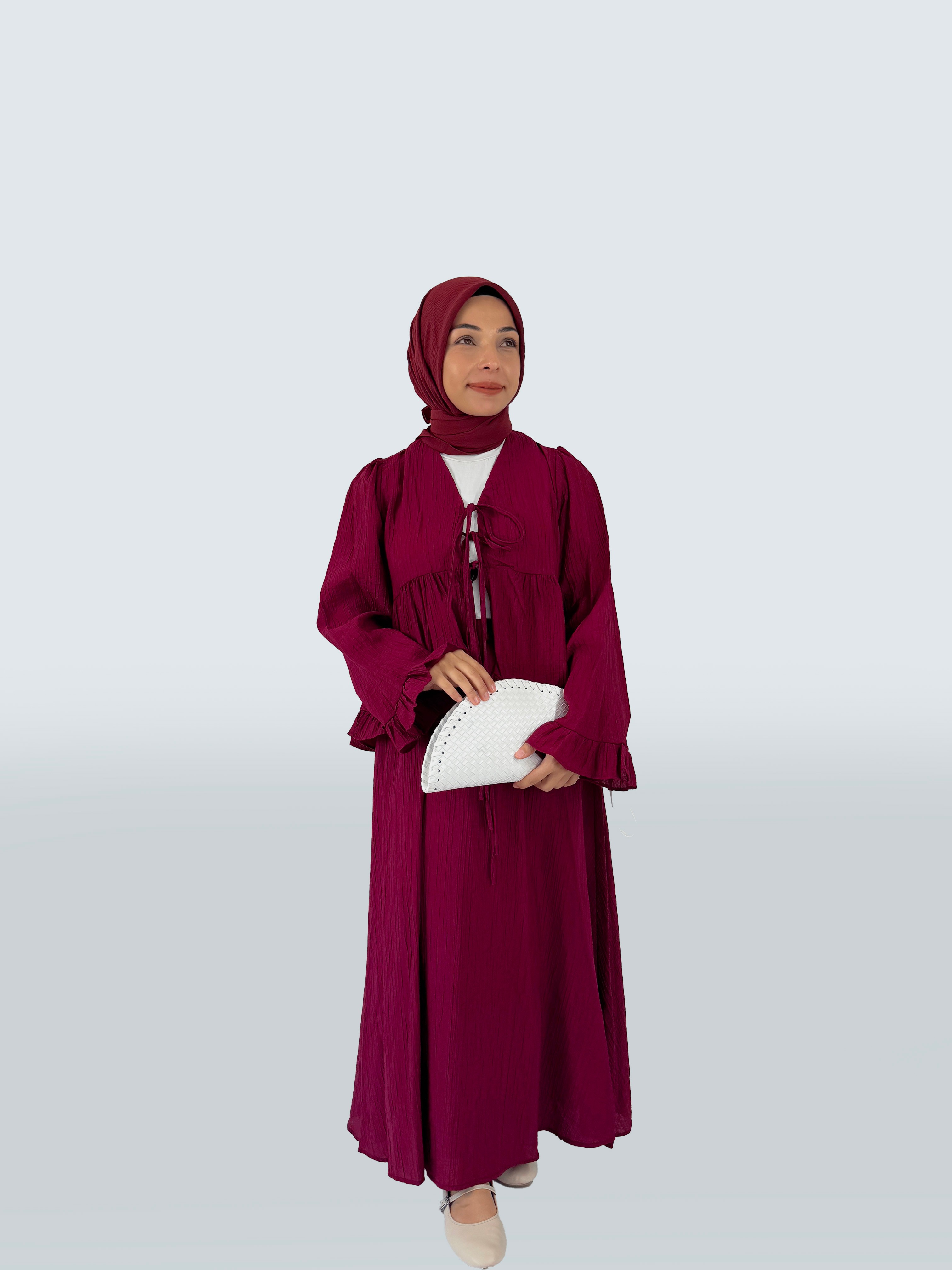 Elaya Gofre Önden Bağlamalı  İkili Takım - bordo