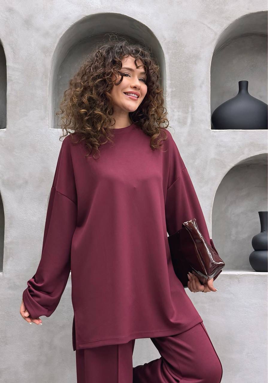 Oysho Düğme Detaylı Beli Kemerli İkili Takım  - bordo