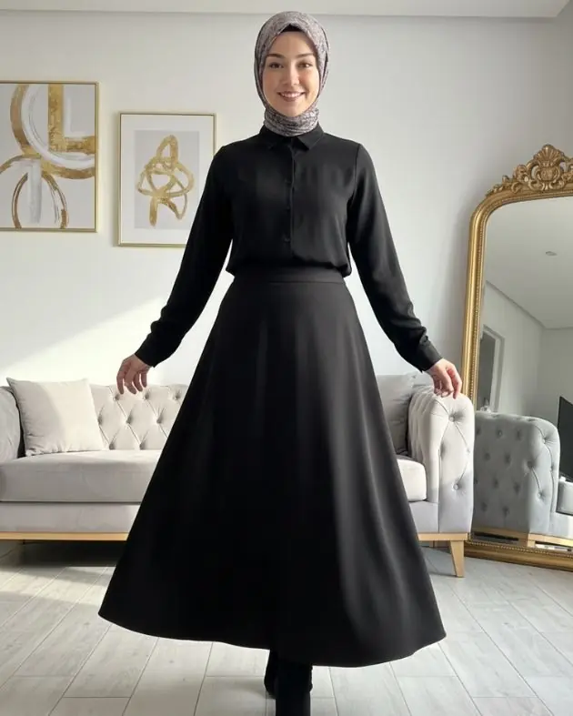 Scuba Kumaş Kloş Etek Siyah 