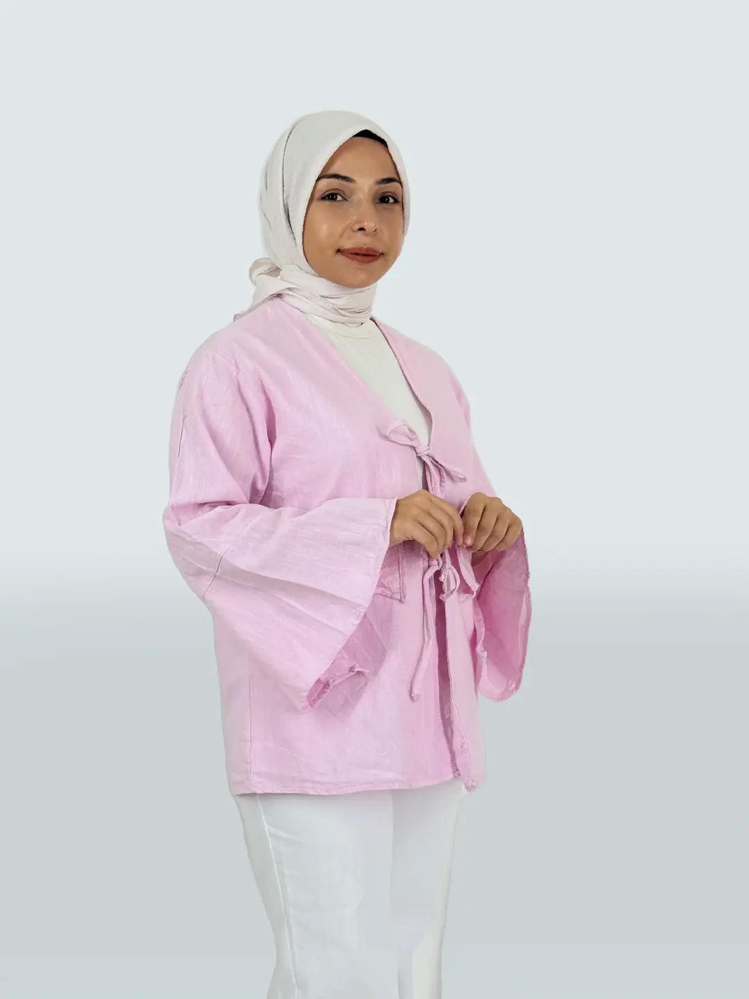 Bağlamalı Yazlık Tesettür Kimono - Pembe