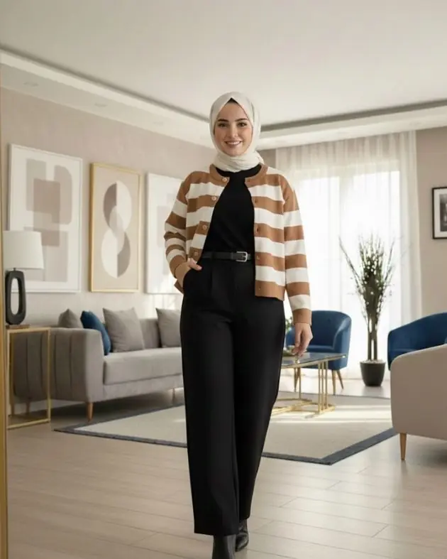 Gold Düğme Detaylı  ( Çizgili ) Hırka - Vizon