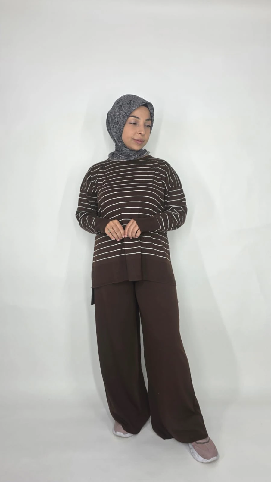 Çizgili Triko İkili Takım - Kahverengi