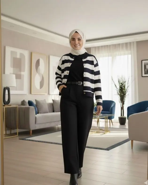 Gold Düğme Detaylı  ( Çizgili ) Hırka - lacivert