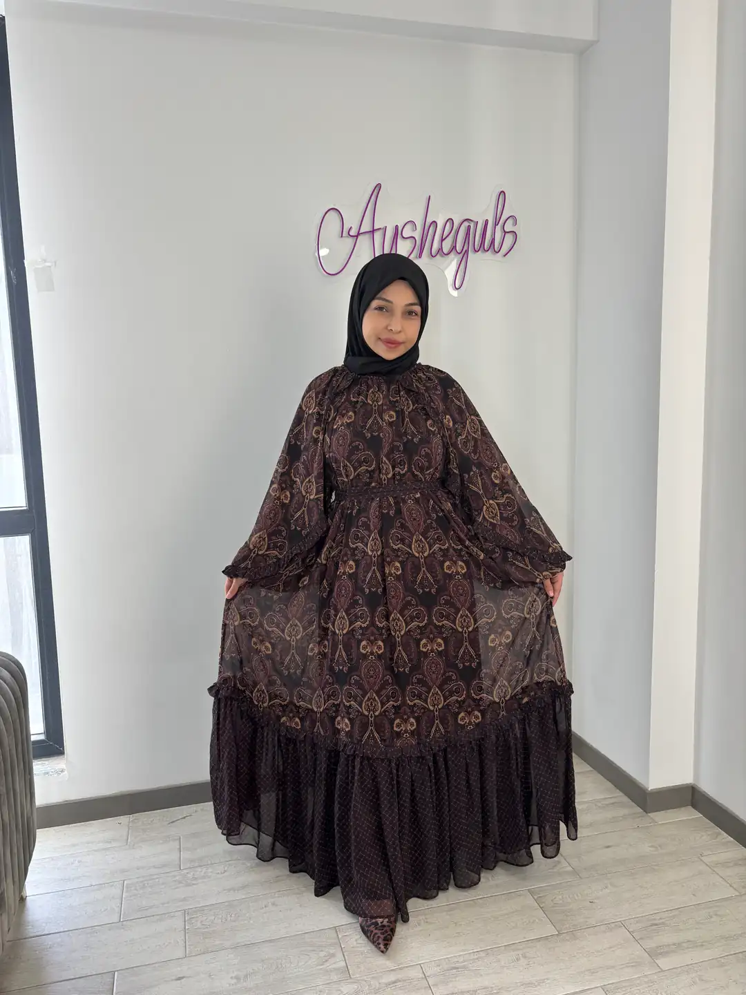 Osmanlı Esintili Etek Ucu Fırfırlı Şifon Elbise