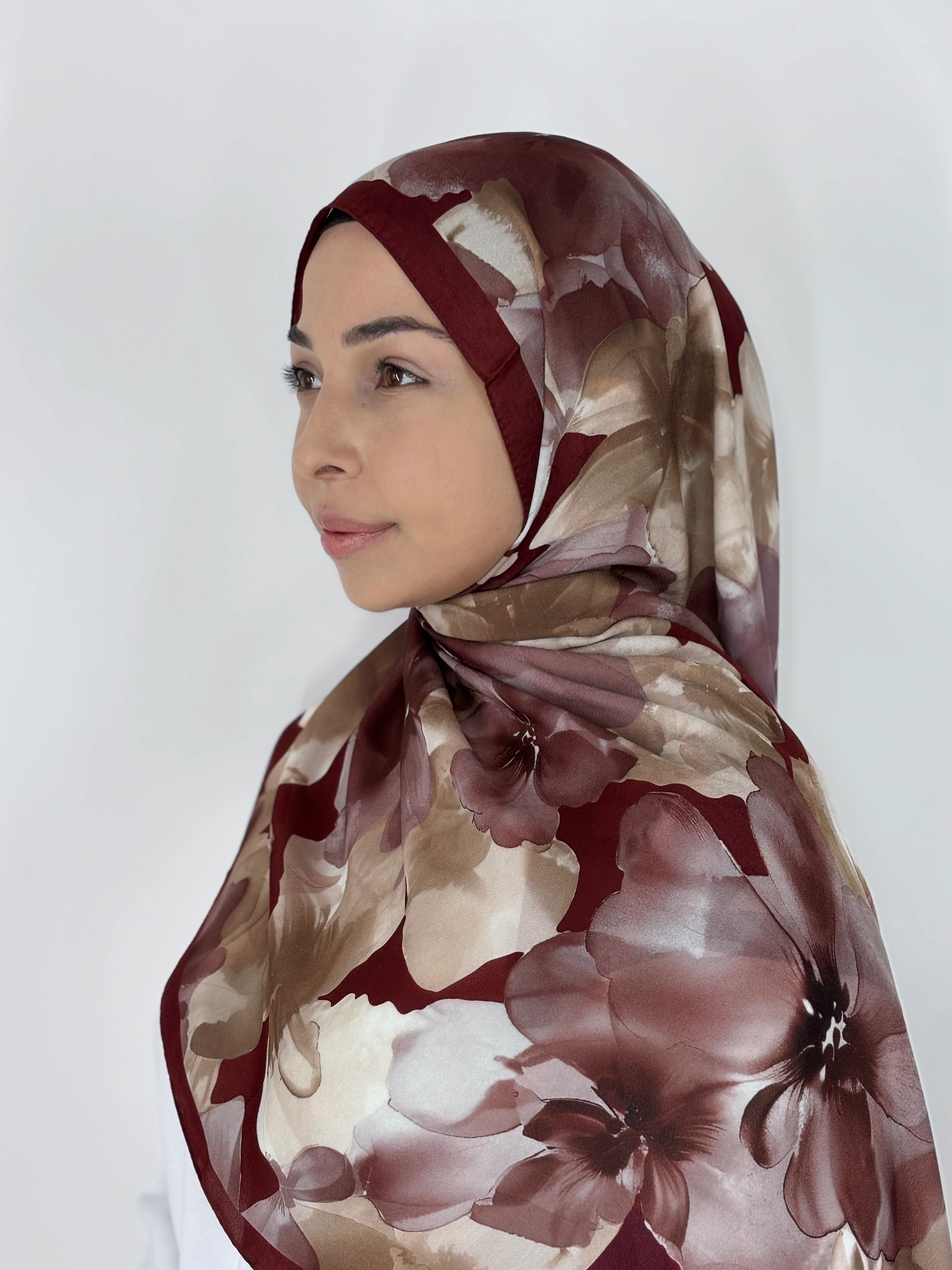 Gül Desenli Cupro Vual Etnik Şal - bordo
