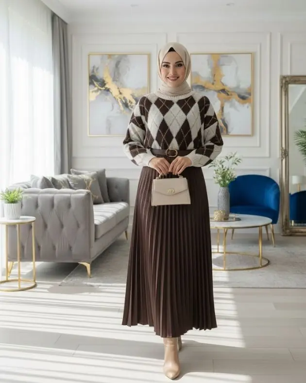 Baklava Desen Örme Kazak - Kahverengi