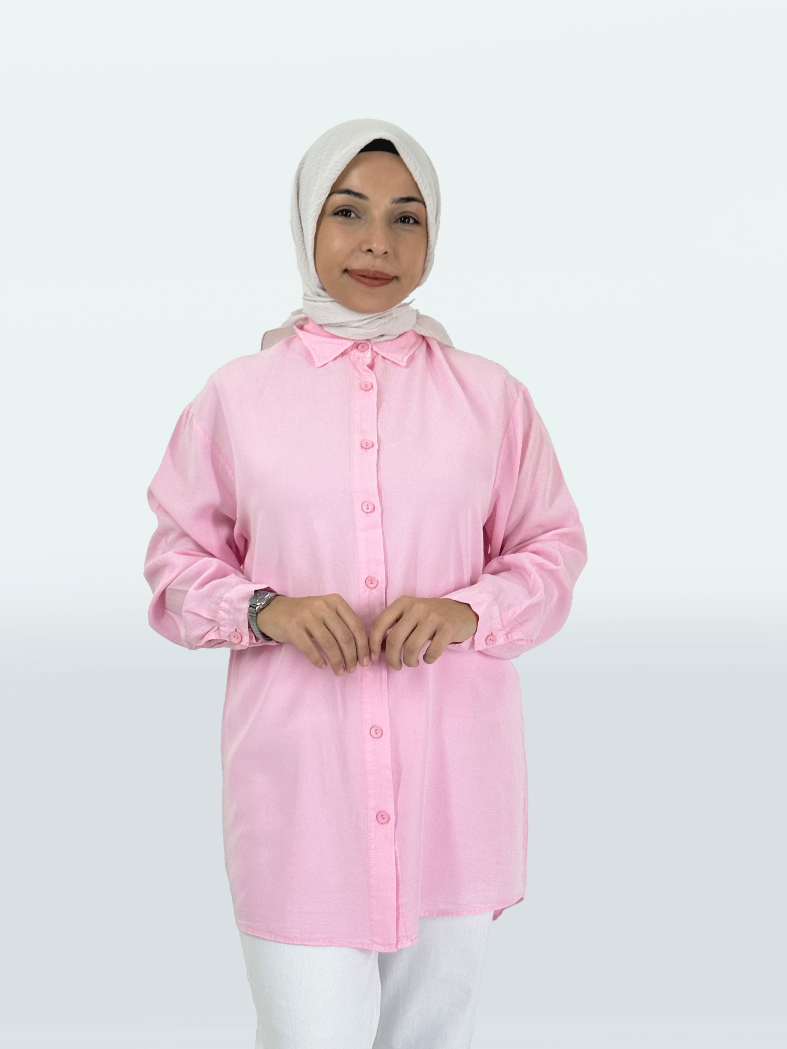 Tensel Kumaş Düğmeli Uzun Tesettür Gömlek - Pembe