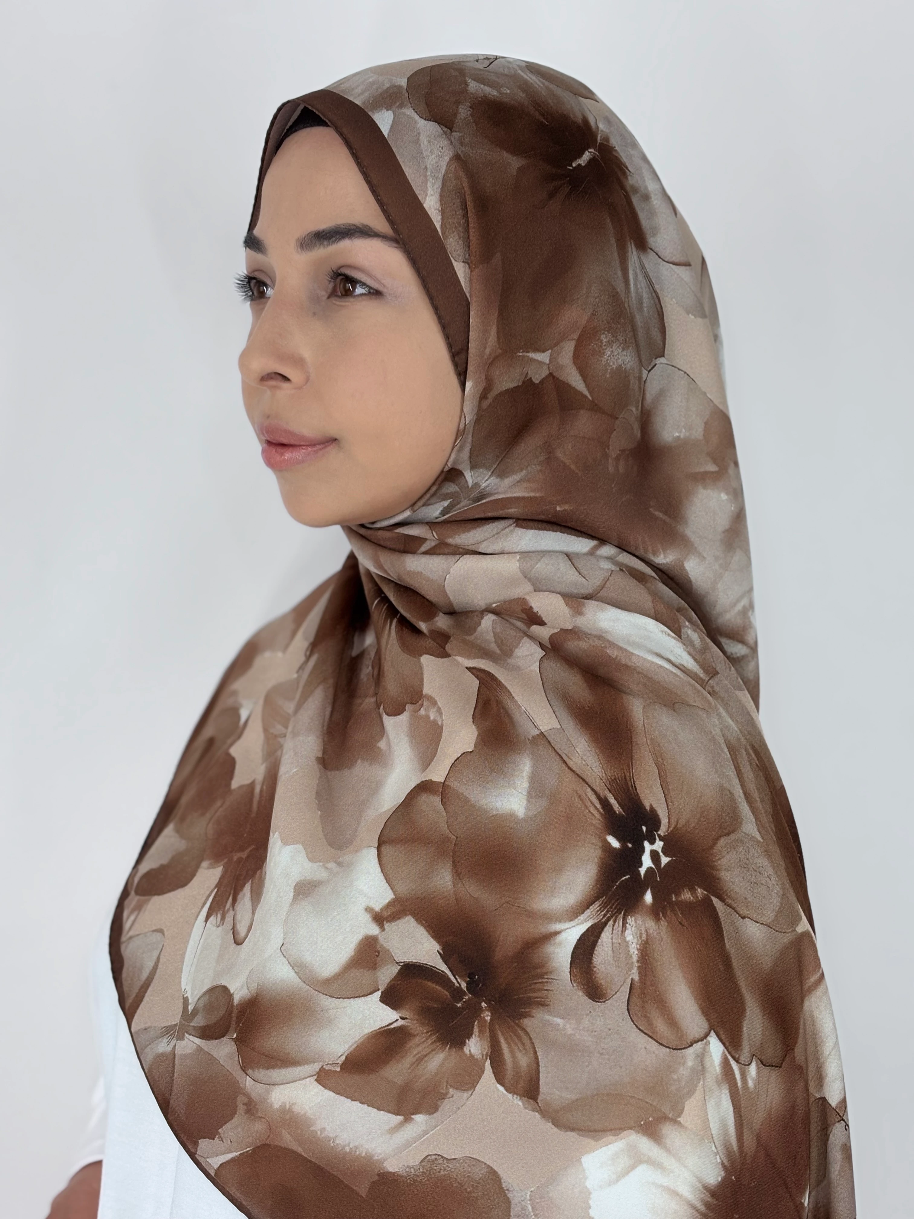 Gül Desenli Cupro Vual Etnik Şal - Kahverengi