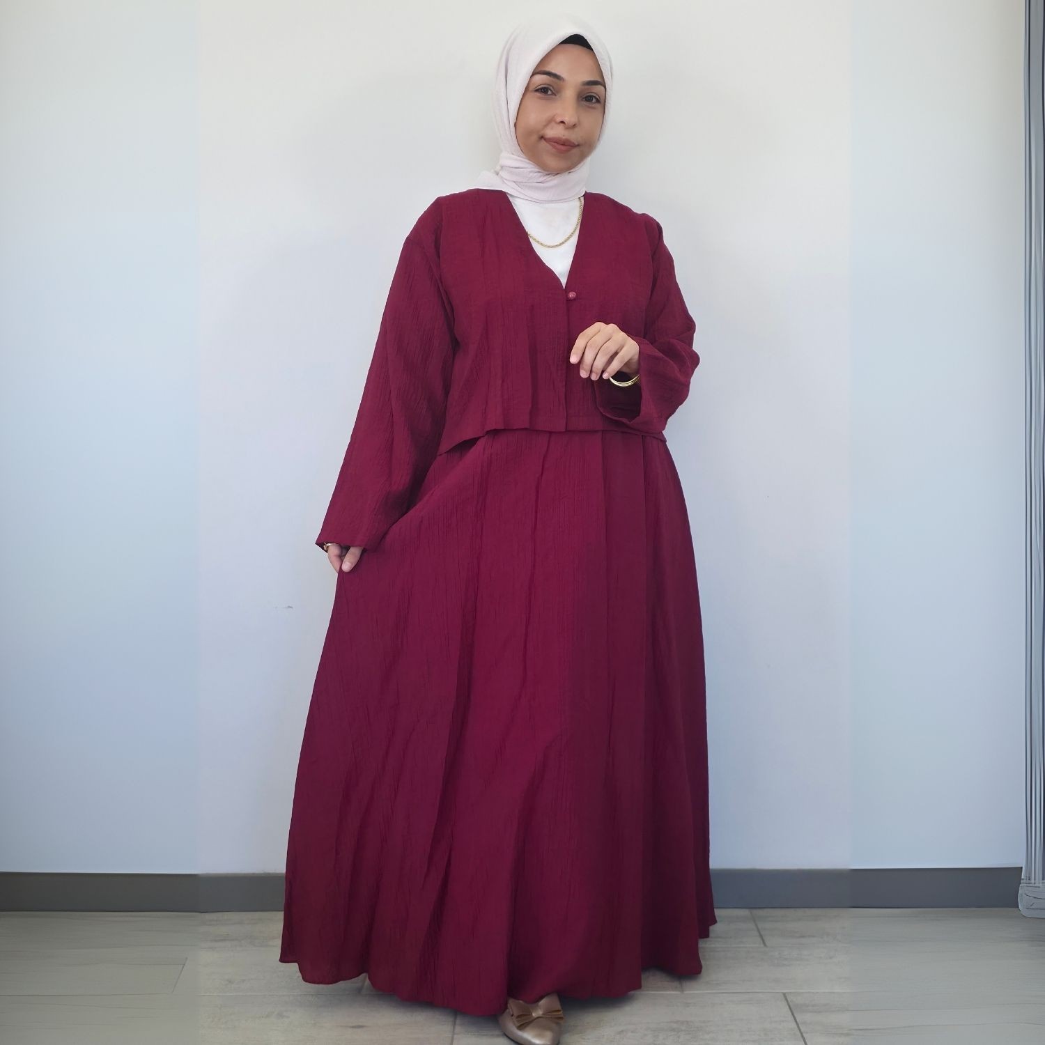 Selene Soft Gofre Kumaş İkili Takım  - bordo