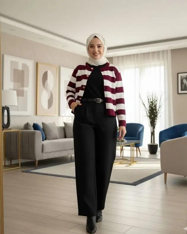 Gold Düğme Detaylı  ( Çizgili ) Hırka - bordo