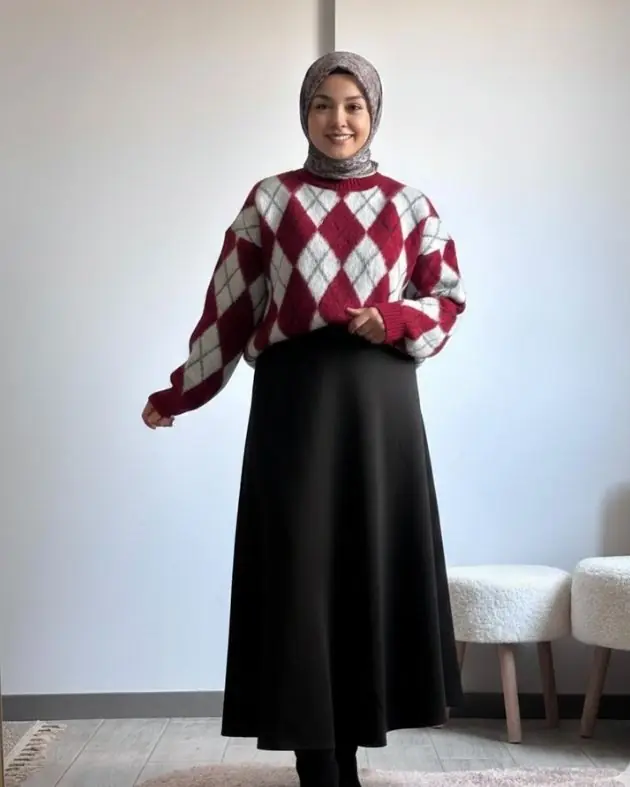 Baklava Desen Örme Kazak - bordo