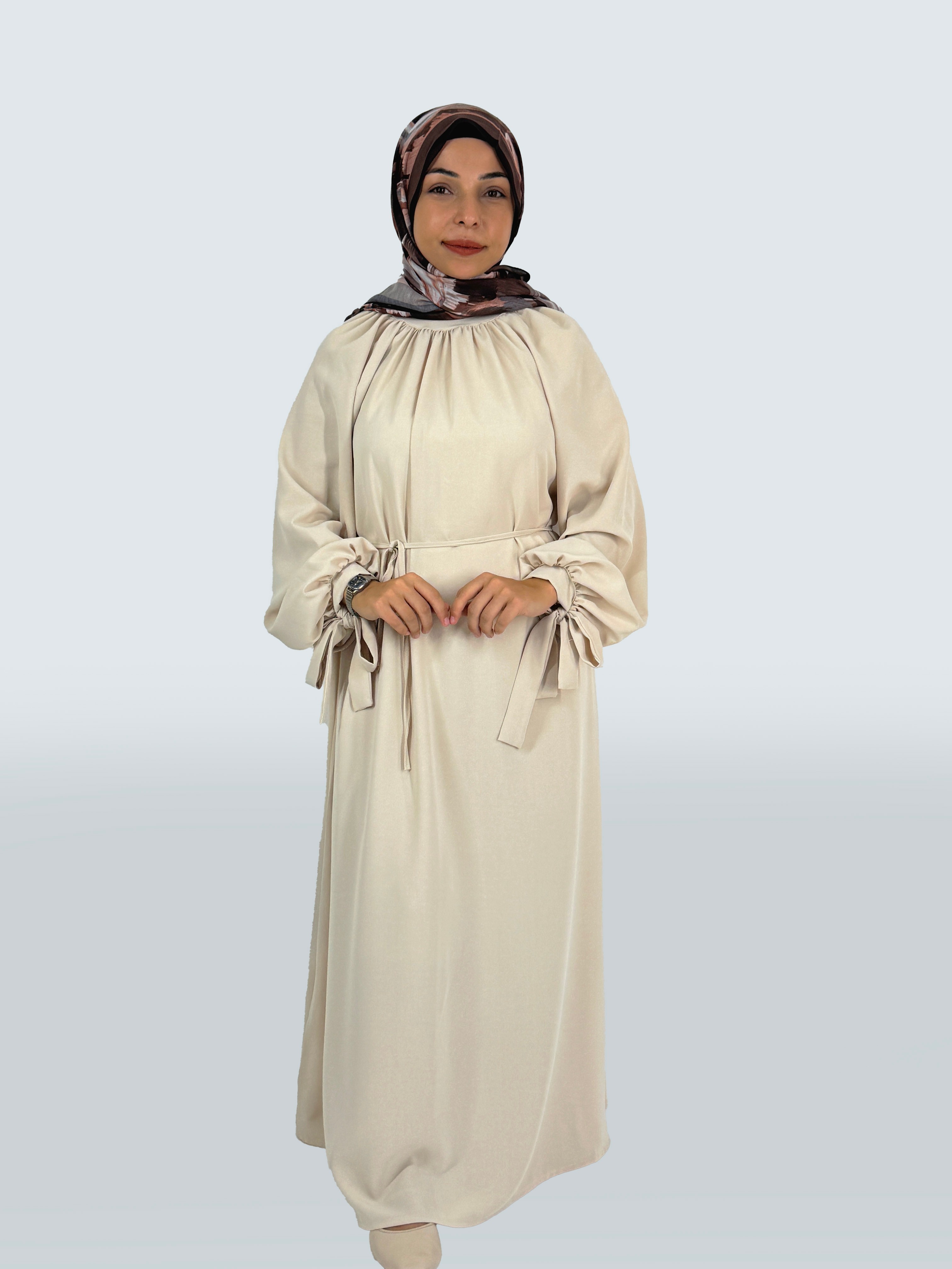 Sade Zerafet  Bilek Bağlama Detaylı Elbise - Bej