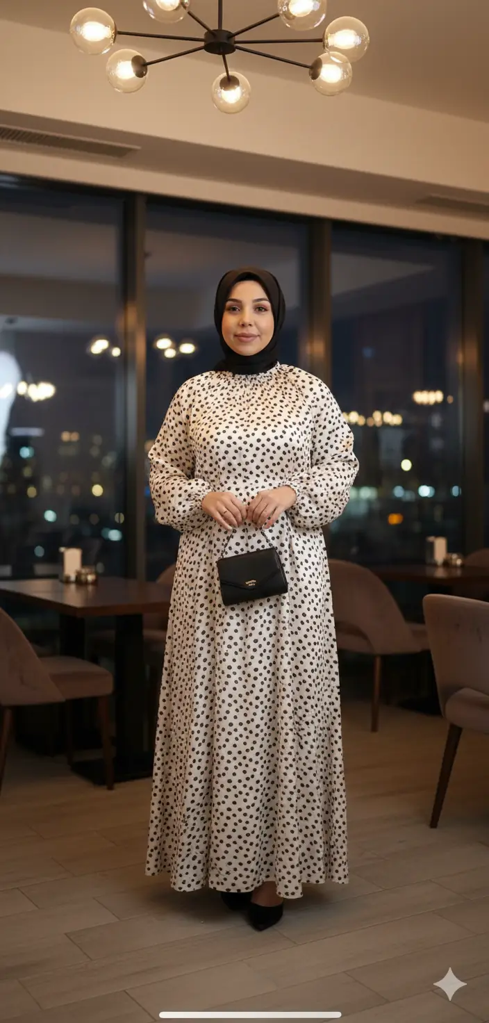 Puantiye Detaylı Saten Tesettür Elbise