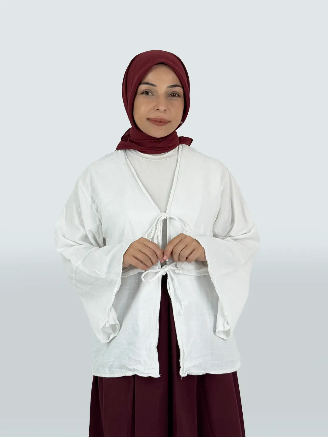Bağlamalı Yazlık Tesettür Kimono - Beyaz