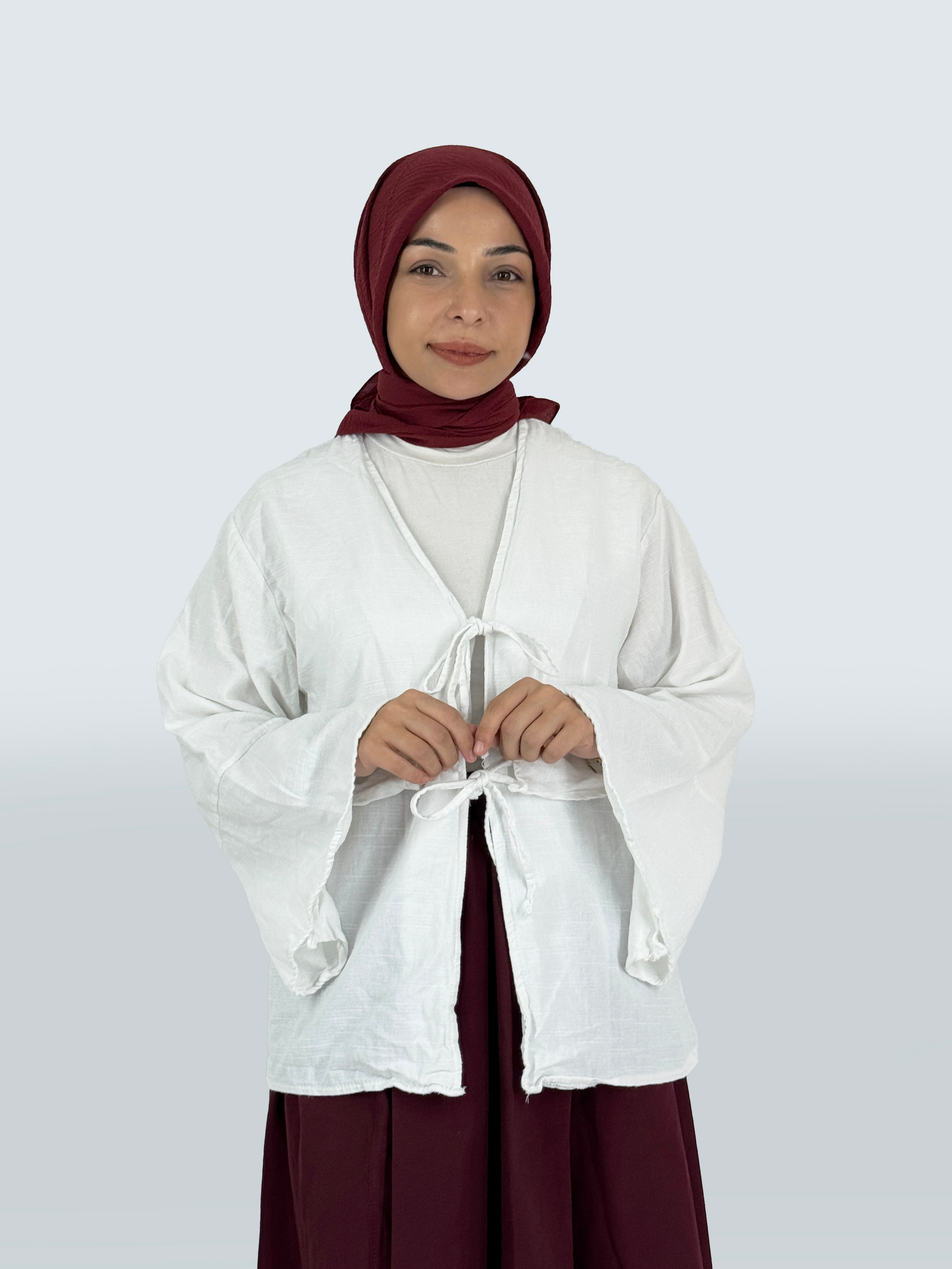 Bağlamalı Yazlık Tesettür Kimono - Beyaz