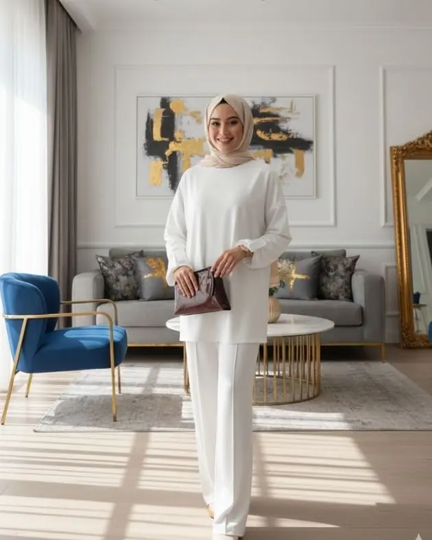 Oysho Düğme Detaylı Beli Kemerli İkili Takım - Beyaz