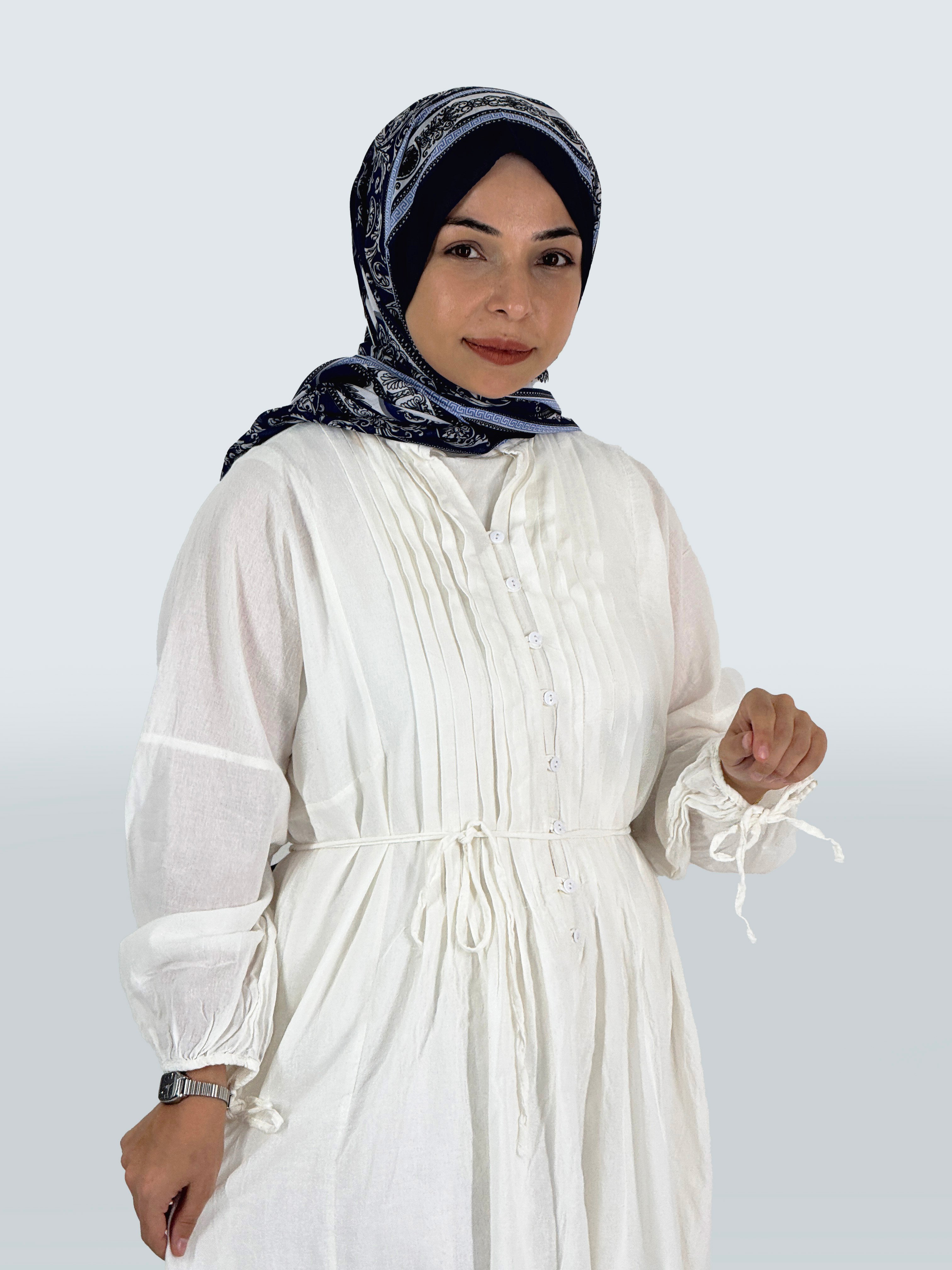 Beyaz Düğmeli Yazlık Tesettür Elbise – Bel Bağcıklı, Astarlı