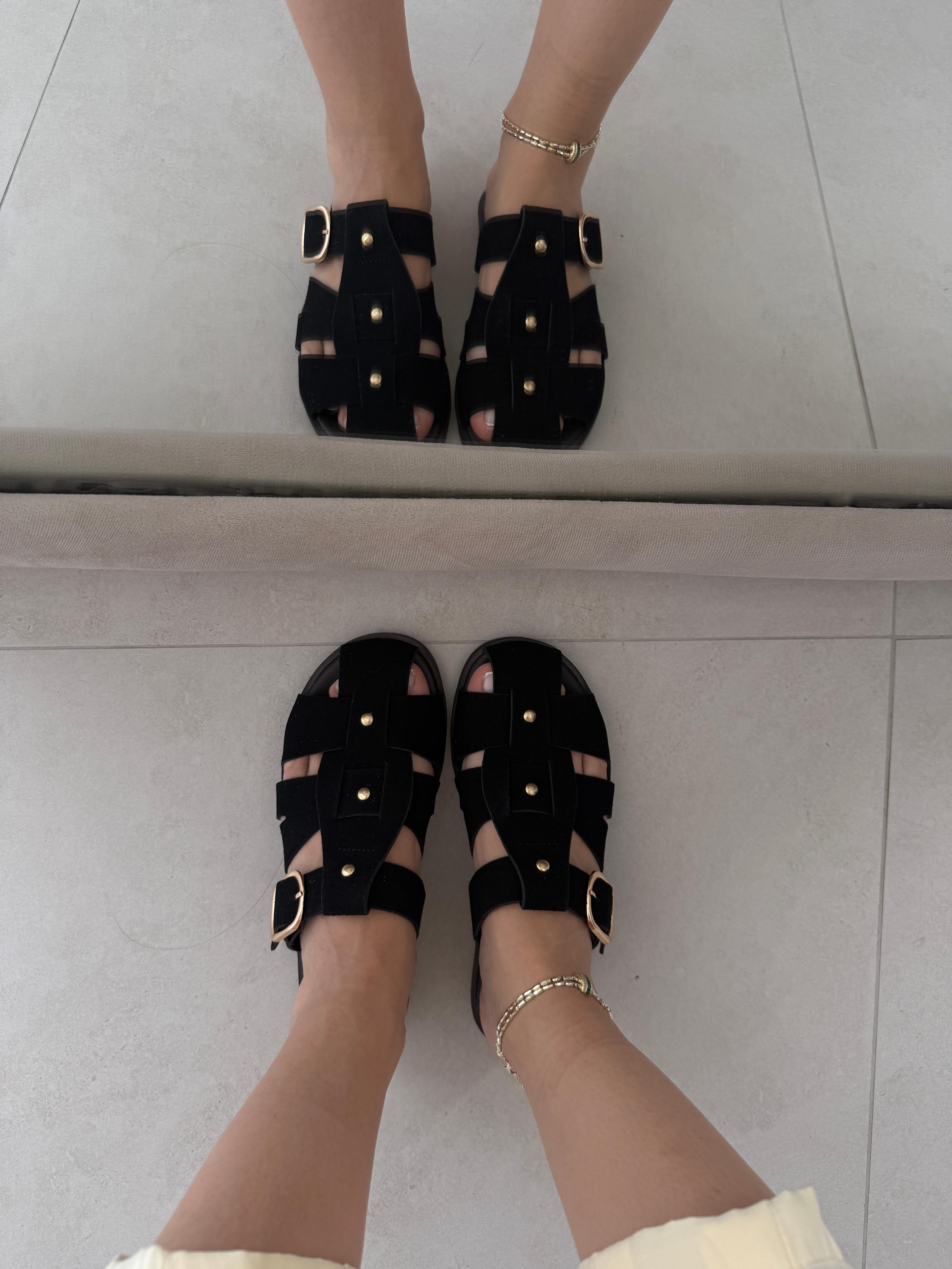Siyah Renk Suni Süet Premium Sandalet