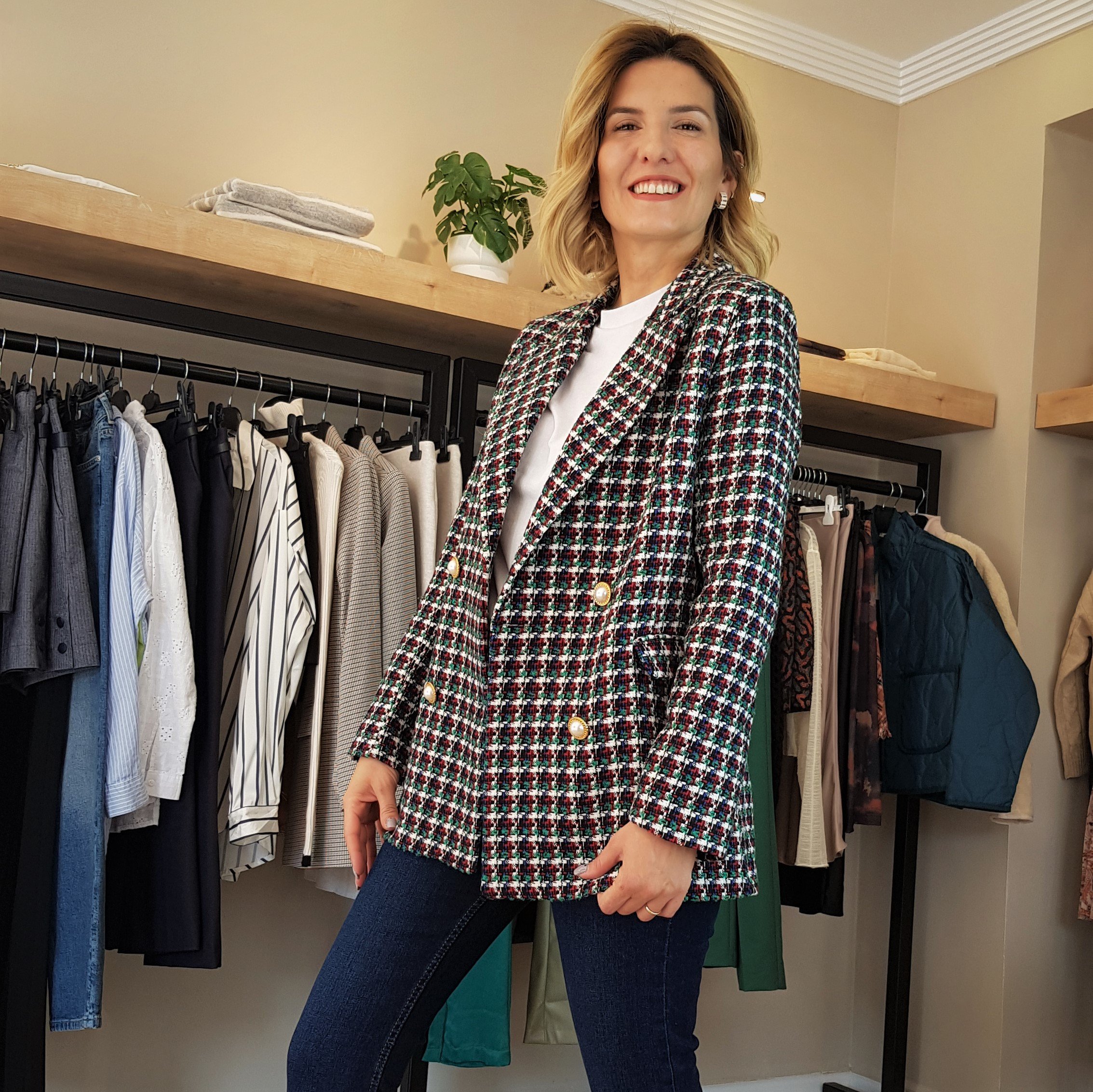 İnci Düğmeli Tüvit Blazer Ceket 