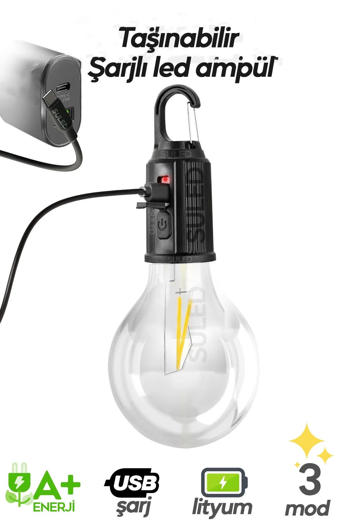 Taşınabilir Şarjlı Led Ampül Outdoor Kamp Bahçe Lambası 10W Askılı Kırılmaz Led Işık Yeni