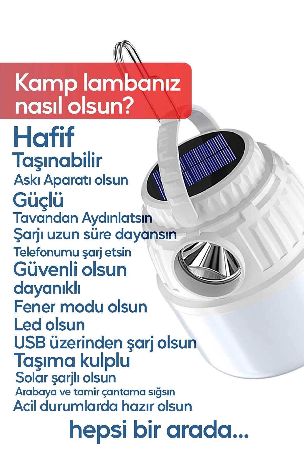 Kamp Lambası Solar Şarjlı El Feneri USB Type-C Şarj Çıkışlı Power Bank Özellikli Lithium 30W Askılı