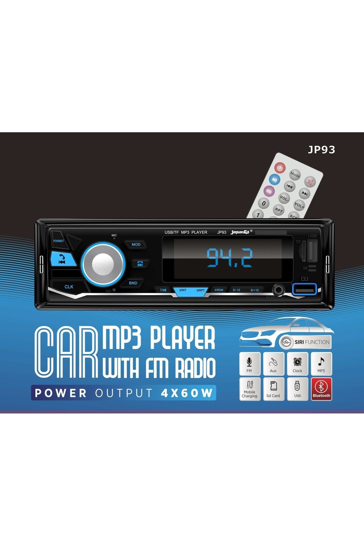 JP.93 Çift Usb Girişli Bluetooth Oto Teyp Araba Teybi Radyo Usb Sd Aux Teyp Amfi Çıkışlı 4x60 Watt