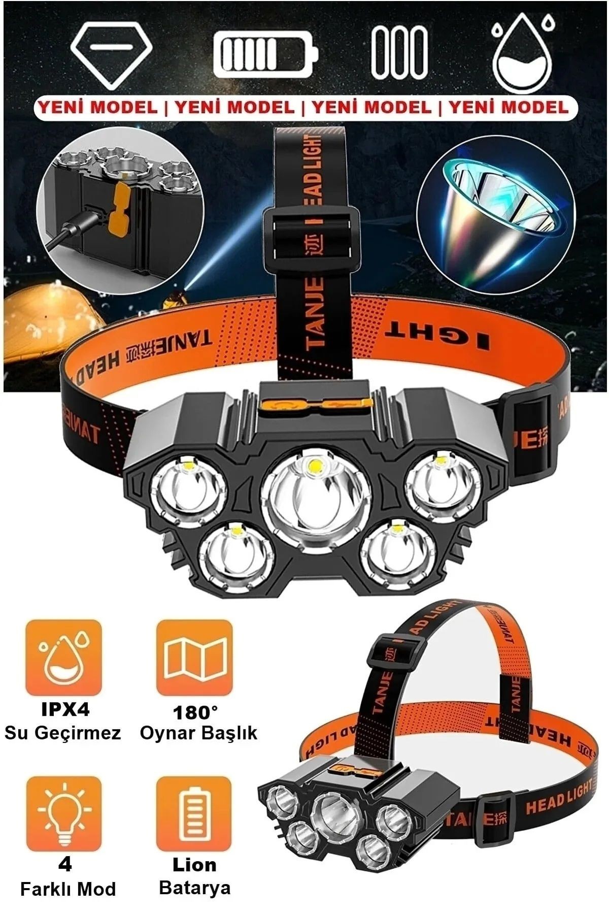 Lt 21 150w Ultra Güçlü Led Şarjlı 5 Led 5x Cree Led Kafa Feneri Avcı Feneri Balıkçı Kamp Feneri 09