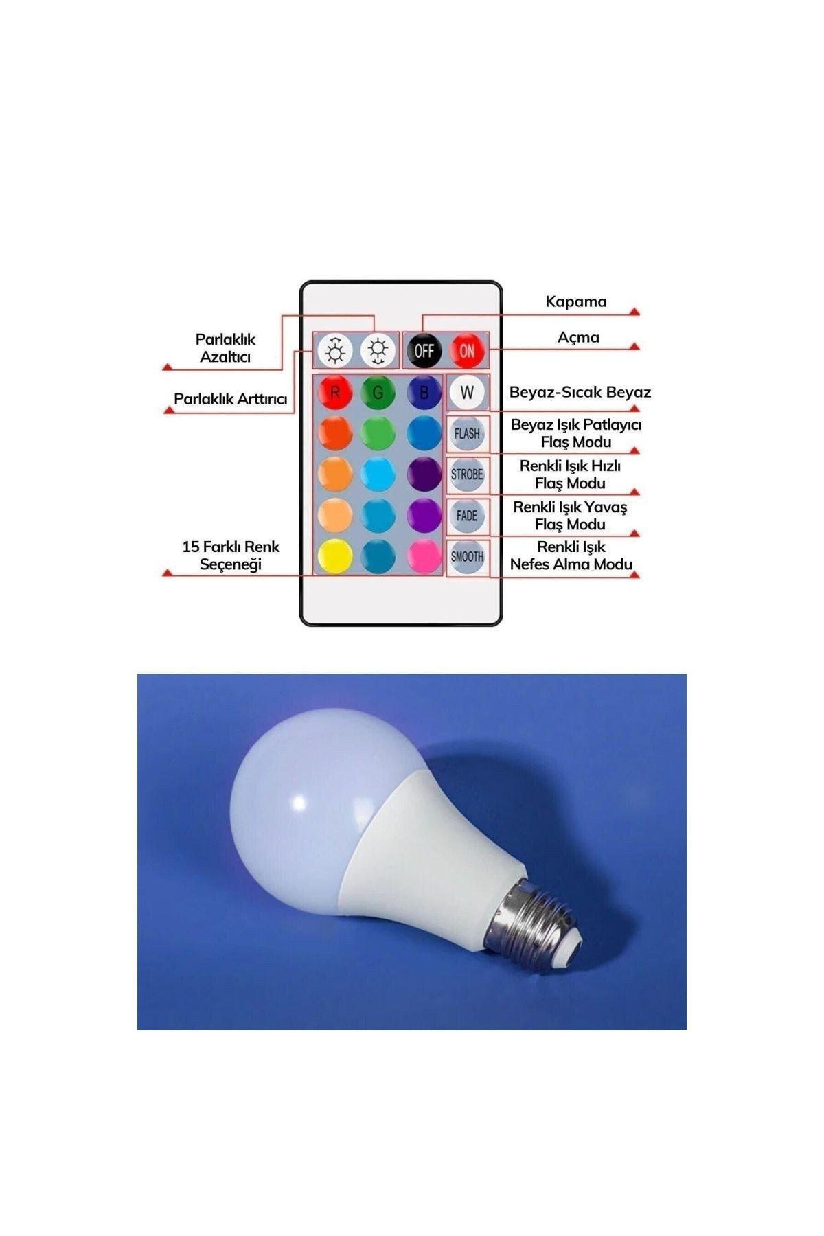 Led Uzaktan Kumandalı Renk Değiştiren Ampul Rgb 9w Beyaz Lamba Ve Renkli Ampul