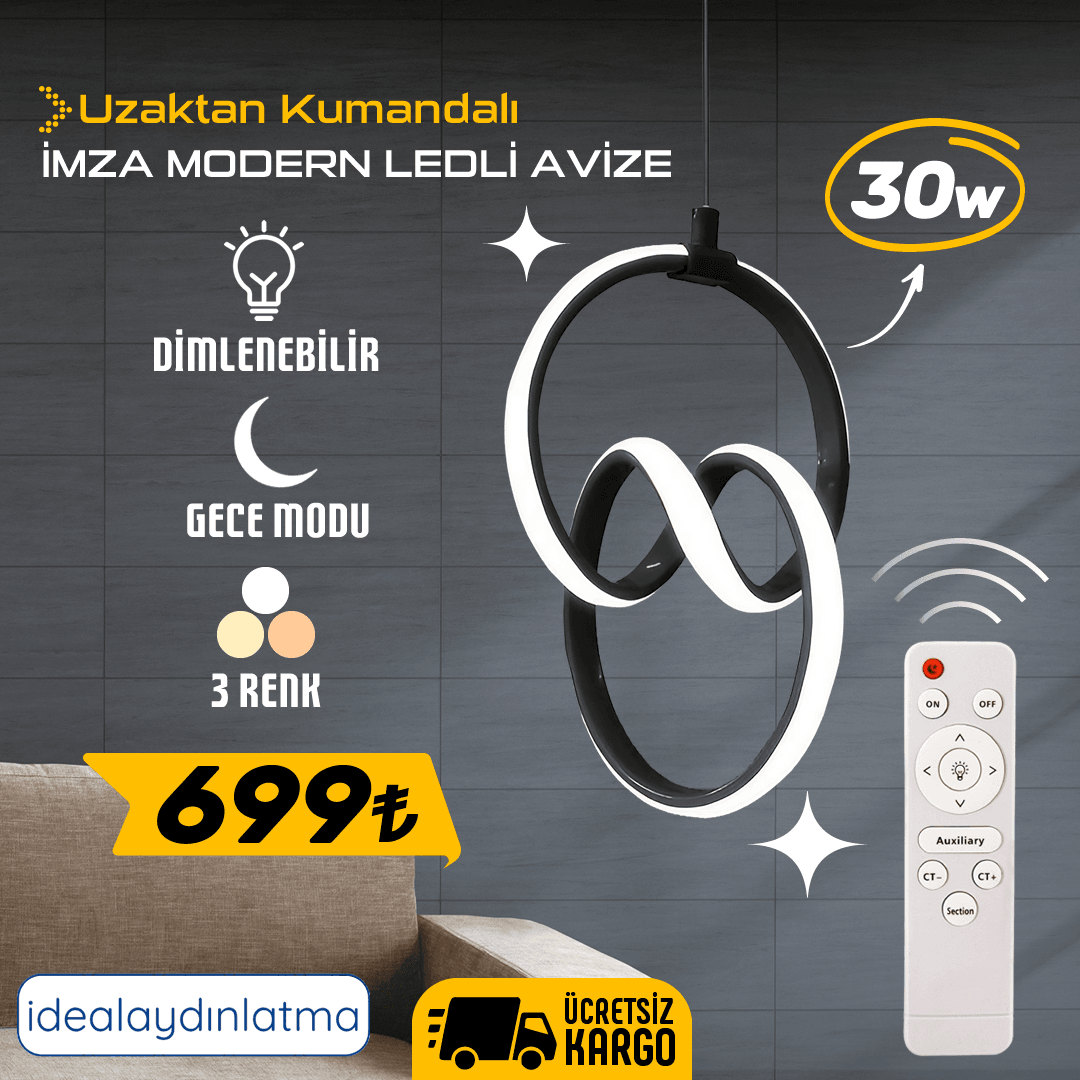 İmza Modern Ledli Avize 30W Beyaz Işık - 3 Renk Kumandalı