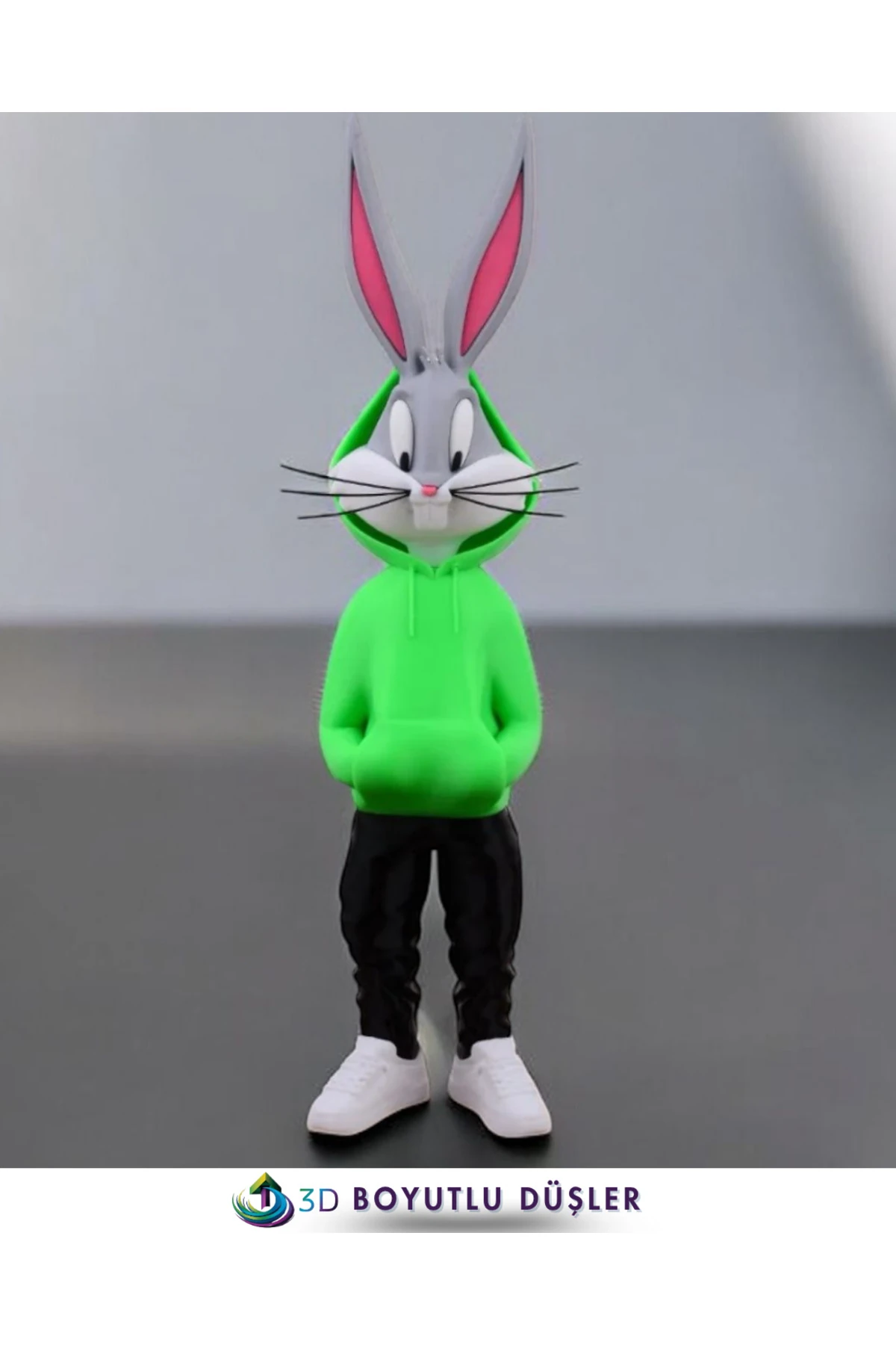 👉 3D Baskı TAVŞAN Figürü 36 cm | El Yapımı YEŞİL Kapşonlu Dekoratif Figür