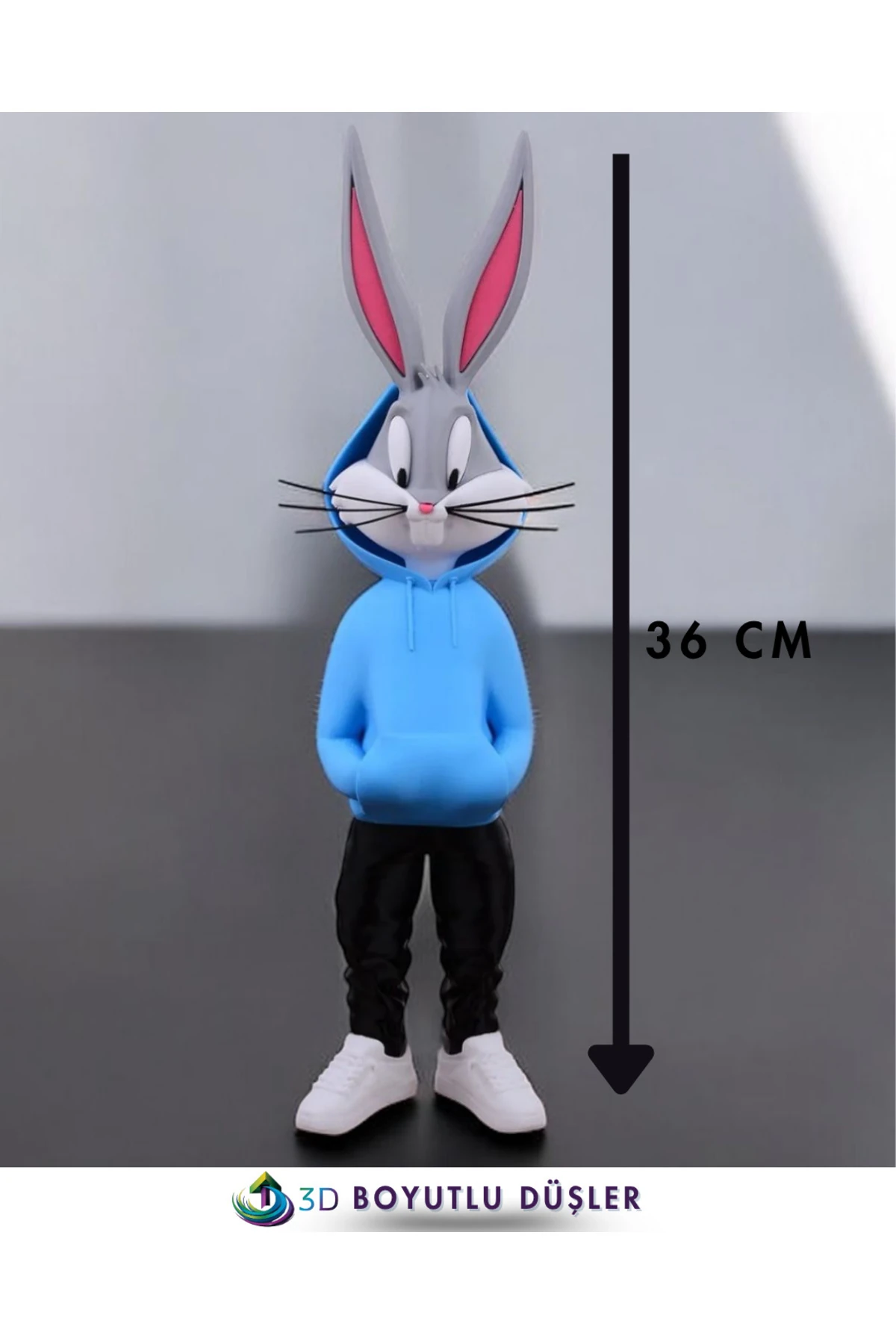 👉 3D Baskı TAVŞAN Figürü 36 cm | El Yapımı MAVİ Kapşonlu Dekoratif Figür