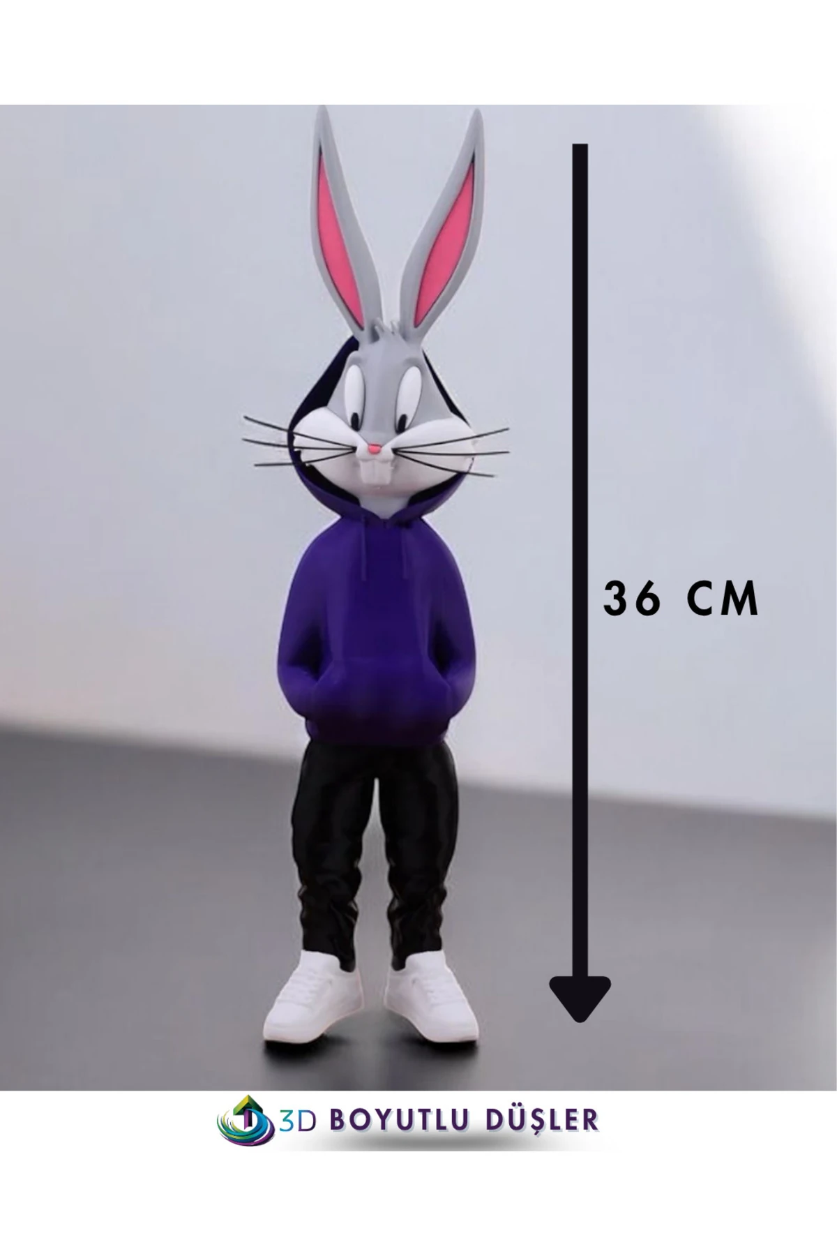 👉 3D Baskı TAVŞAN Figürü 36 cm | El Yapımı MOR Kapşonlu Dekoratif Figür