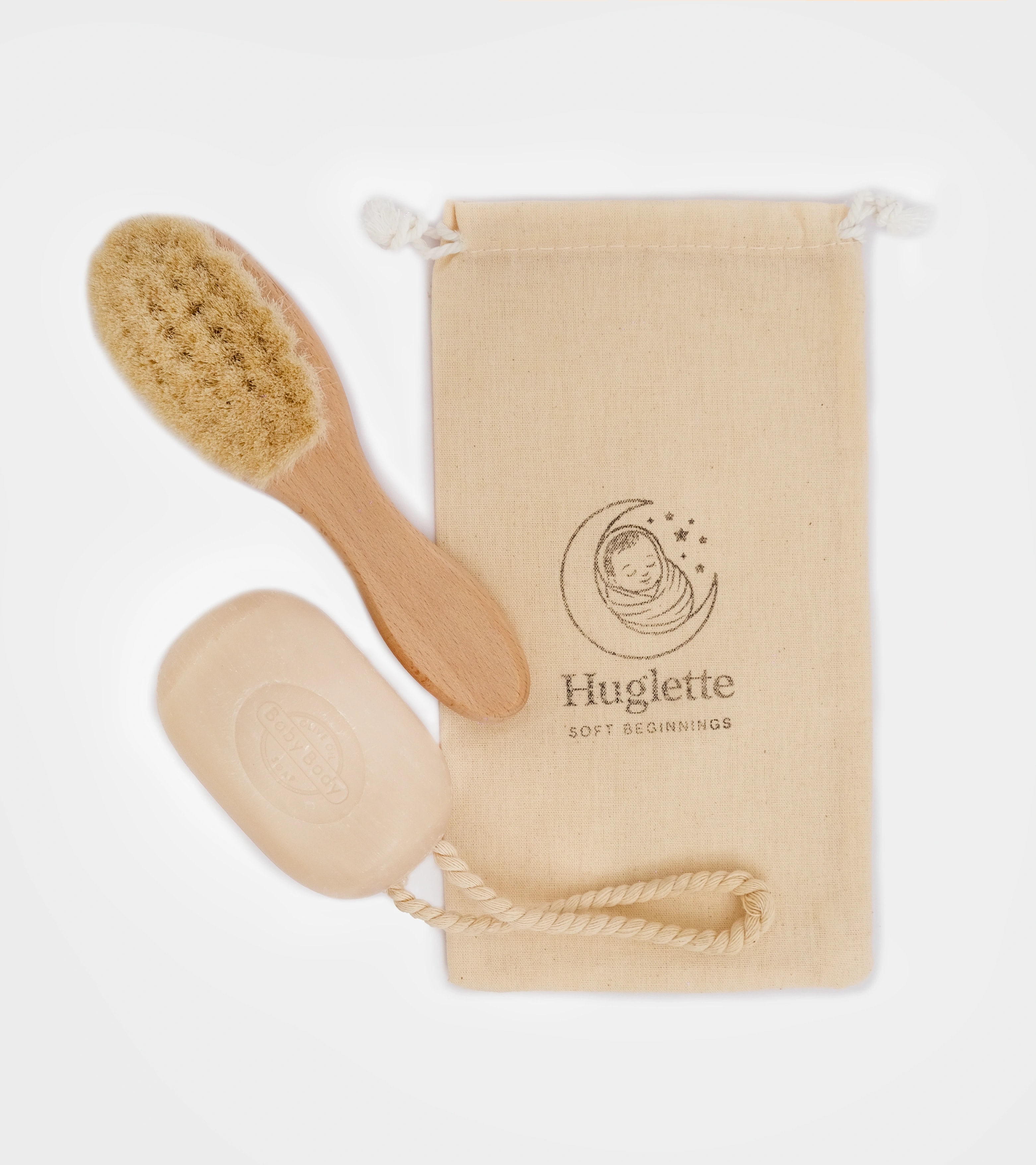 %100 Doğal Keçi Kılı Bebek Saç Fırçası ve Doğal Keçi Sütlü Bebek Sabunu Saklama Keseli 3'lü Set