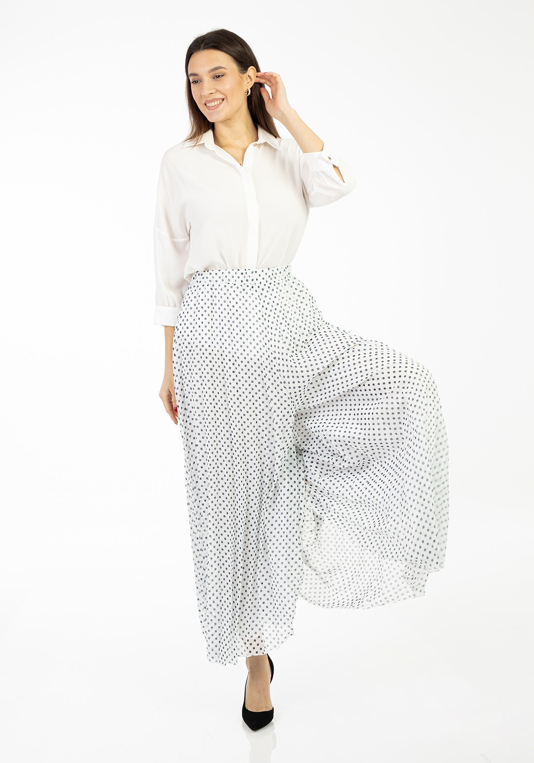 Maxi Boy Puantiyeli Pilise Şifon Pantolon - WHITE