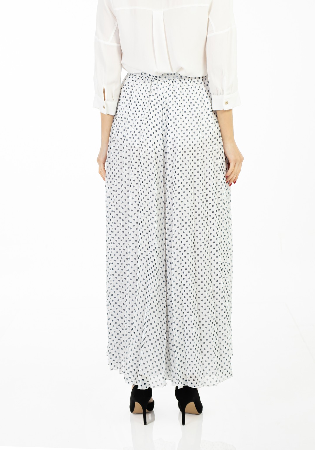 Maxi Boy Puantiyeli Pilise Şifon Pantolon - WHITE