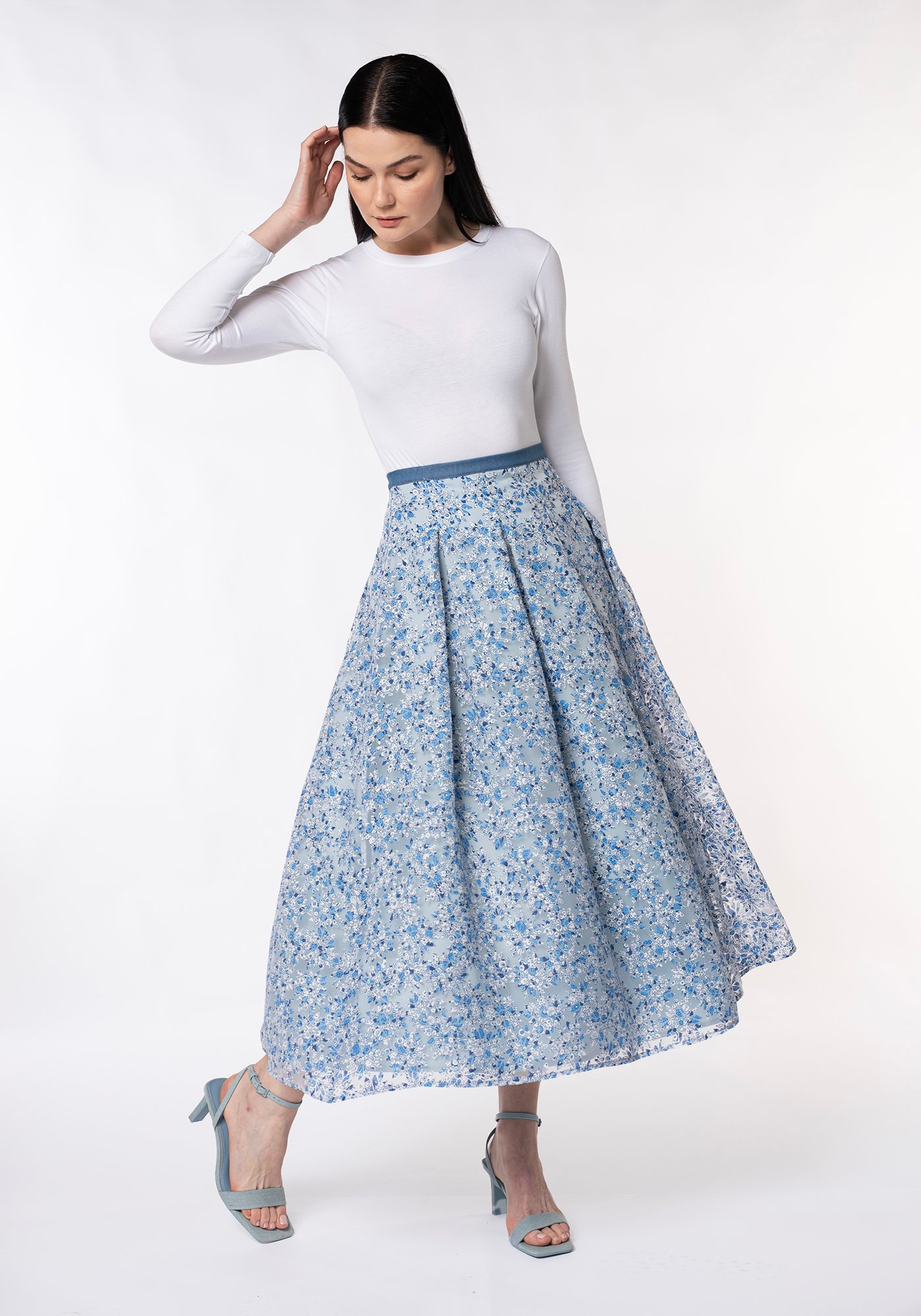 Yakma Organza Çiçek desenli Pileli Midi(90cm) boy Prenses Etek