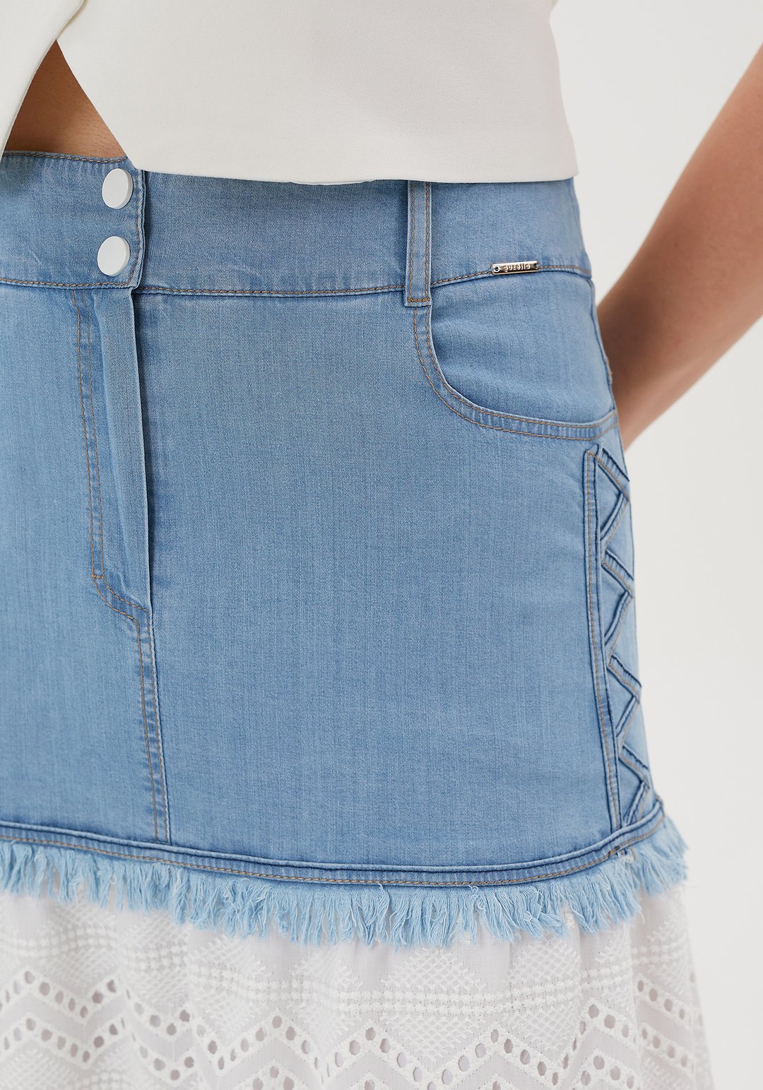 PREMİUM Denim Korsajlı Önden kapamalı Brode Yazlık Etek - BLUE