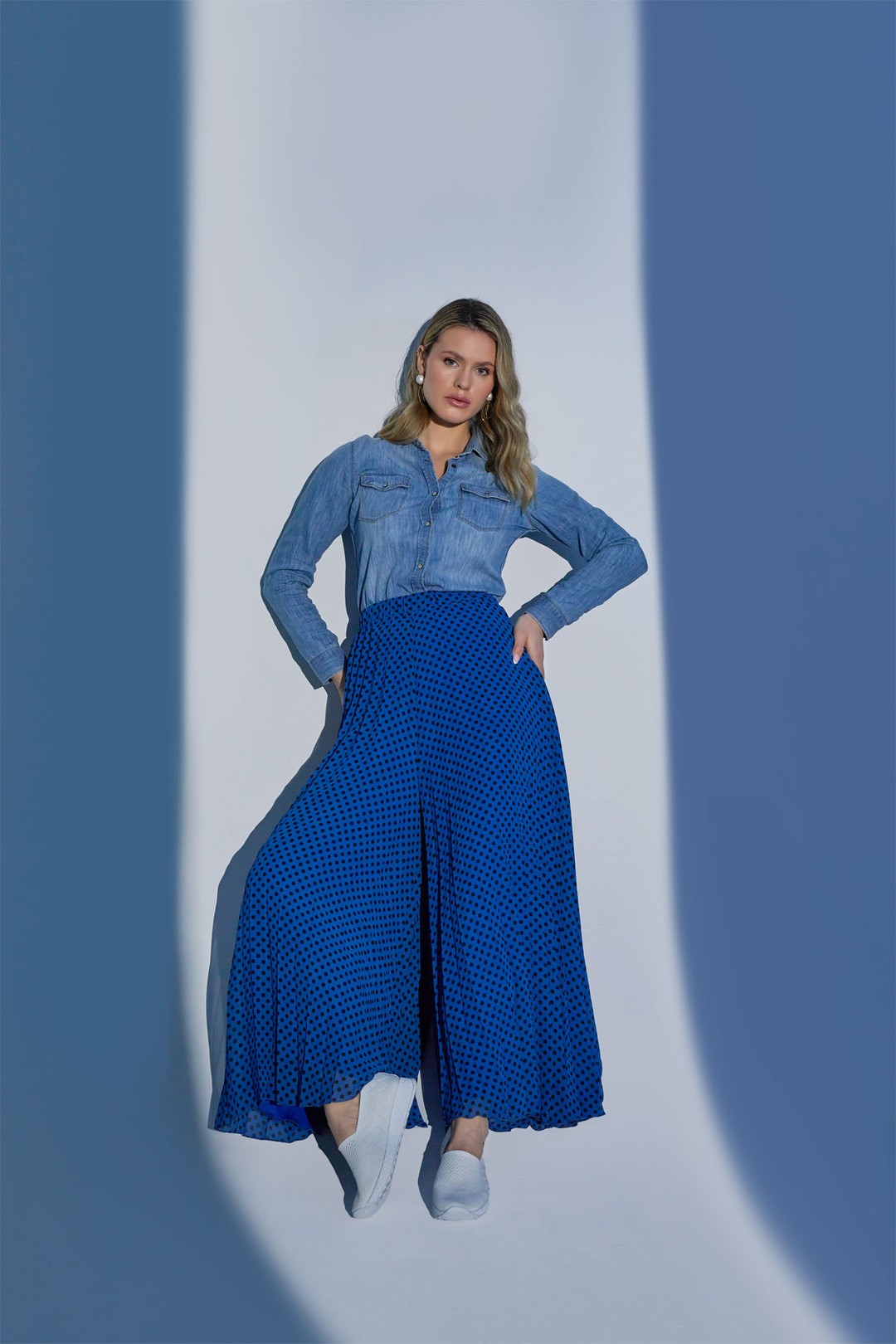 Maxi Boy Puantiyeli Pilise Şifon Pantolon - INDIGO