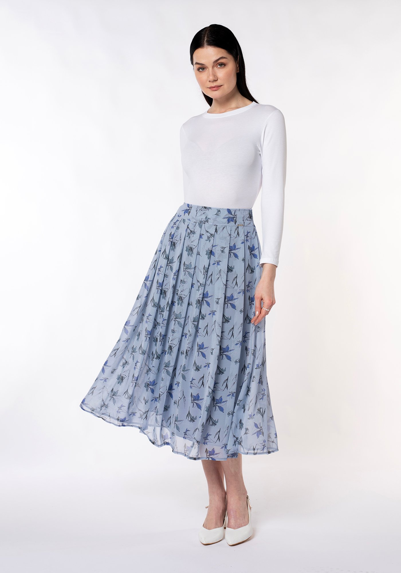 PREMİUM Desenli Şifon Denim rengi Max-Midi(90cm) boy Pileli Etek