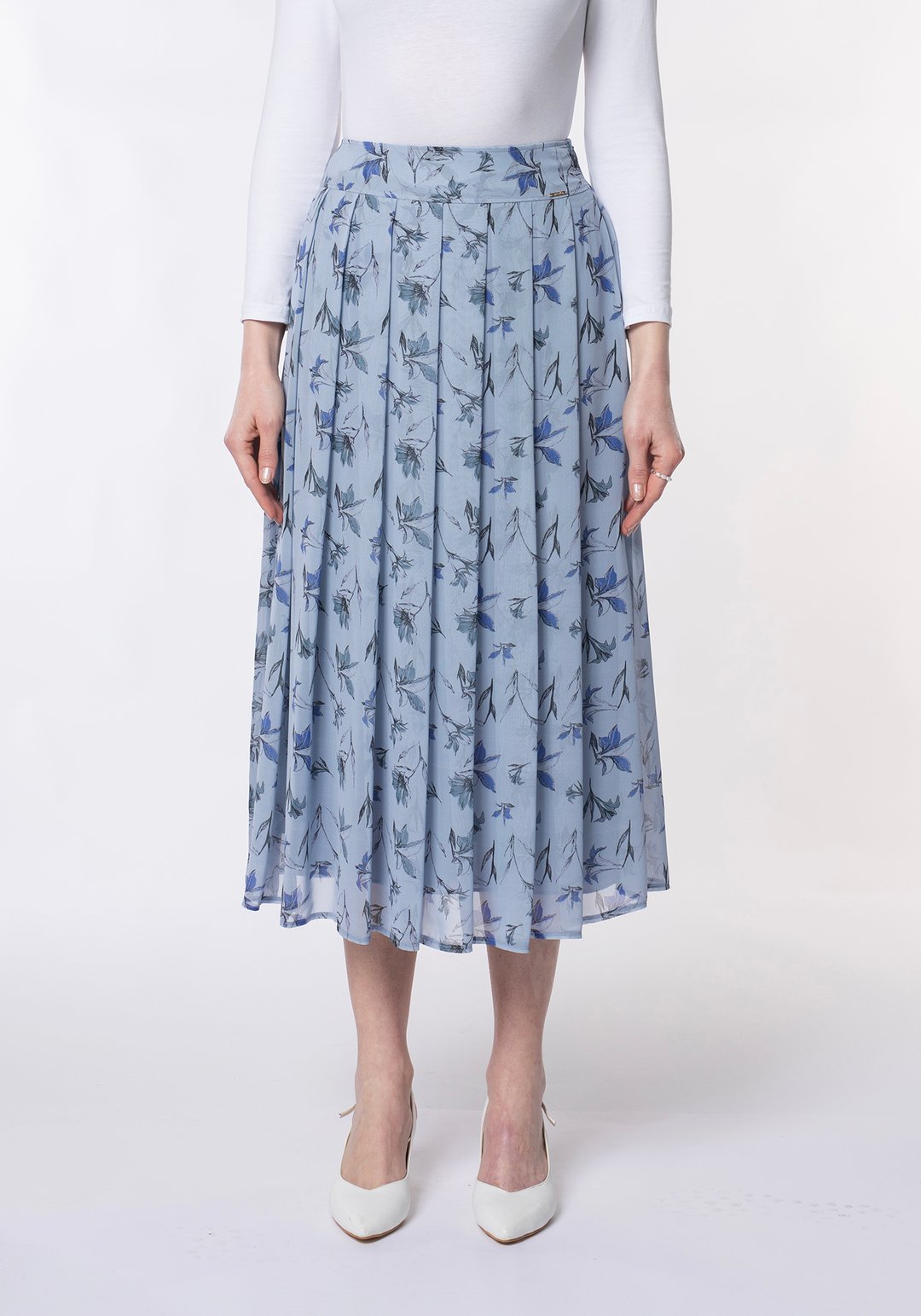 PREMİUM Desenli Şifon Denim rengi Max-Midi(90cm) boy Pileli Etek