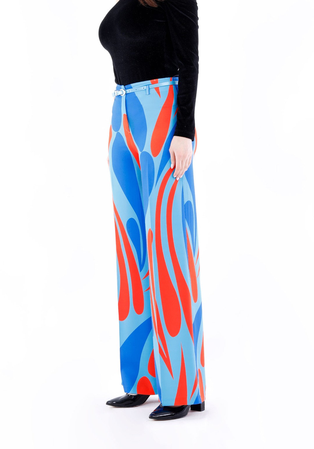 Maxi Boy Beli Kemerli Dijital Baskılı Geniş Paça Pantolon - BLUE