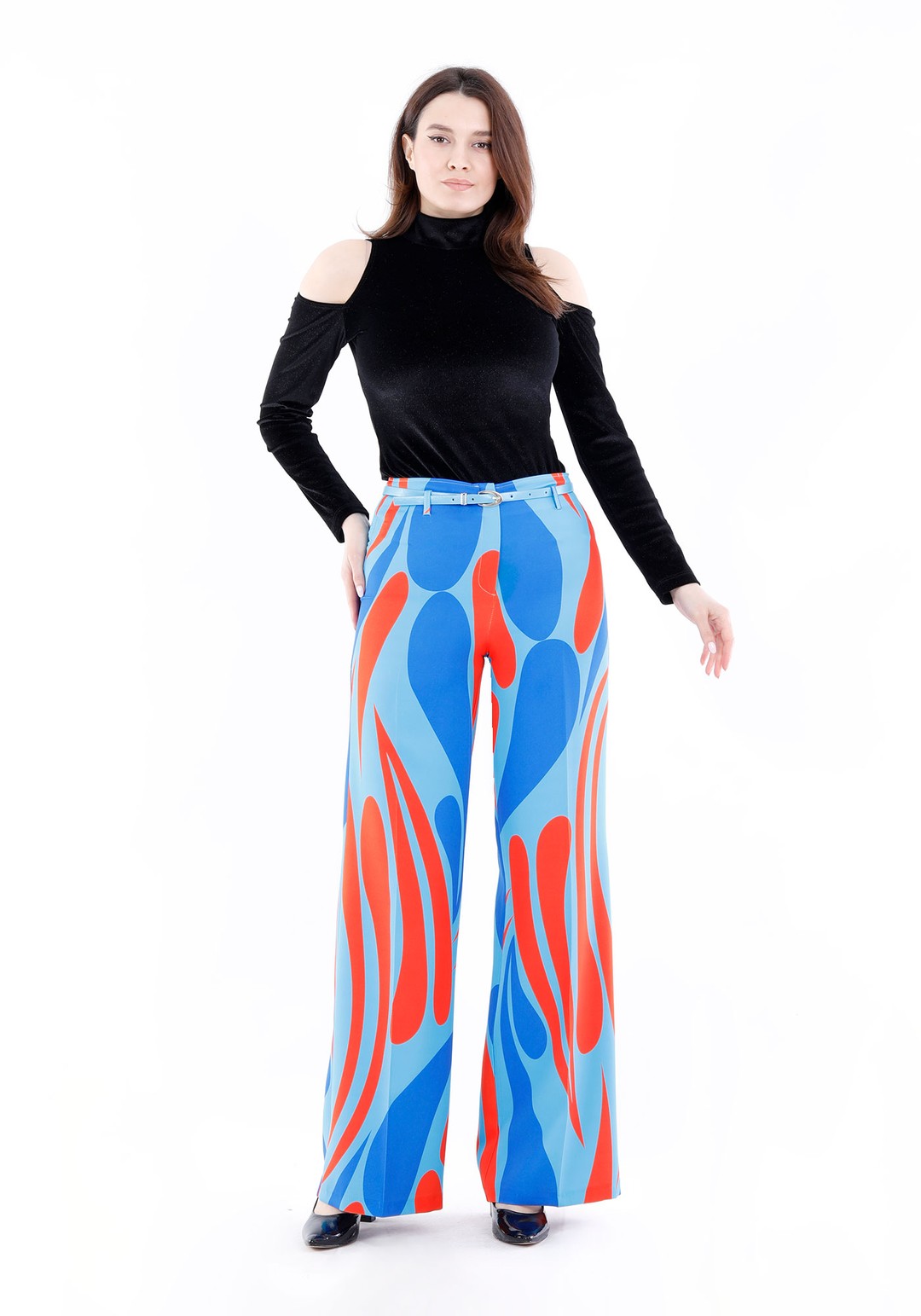 Maxi Boy Beli Kemerli Dijital Baskılı Geniş Paça Pantolon - BLUE