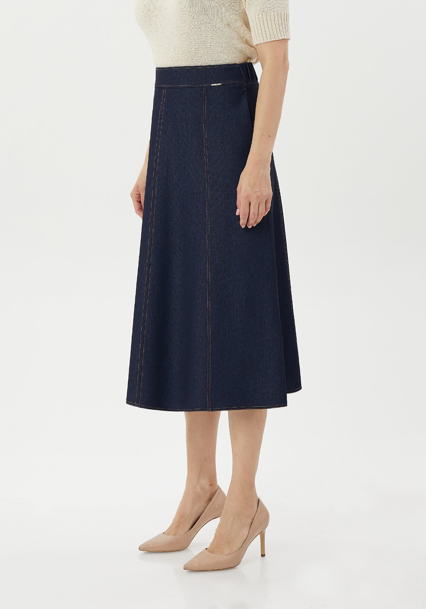 Midi Zippered Denim Print Skirt
