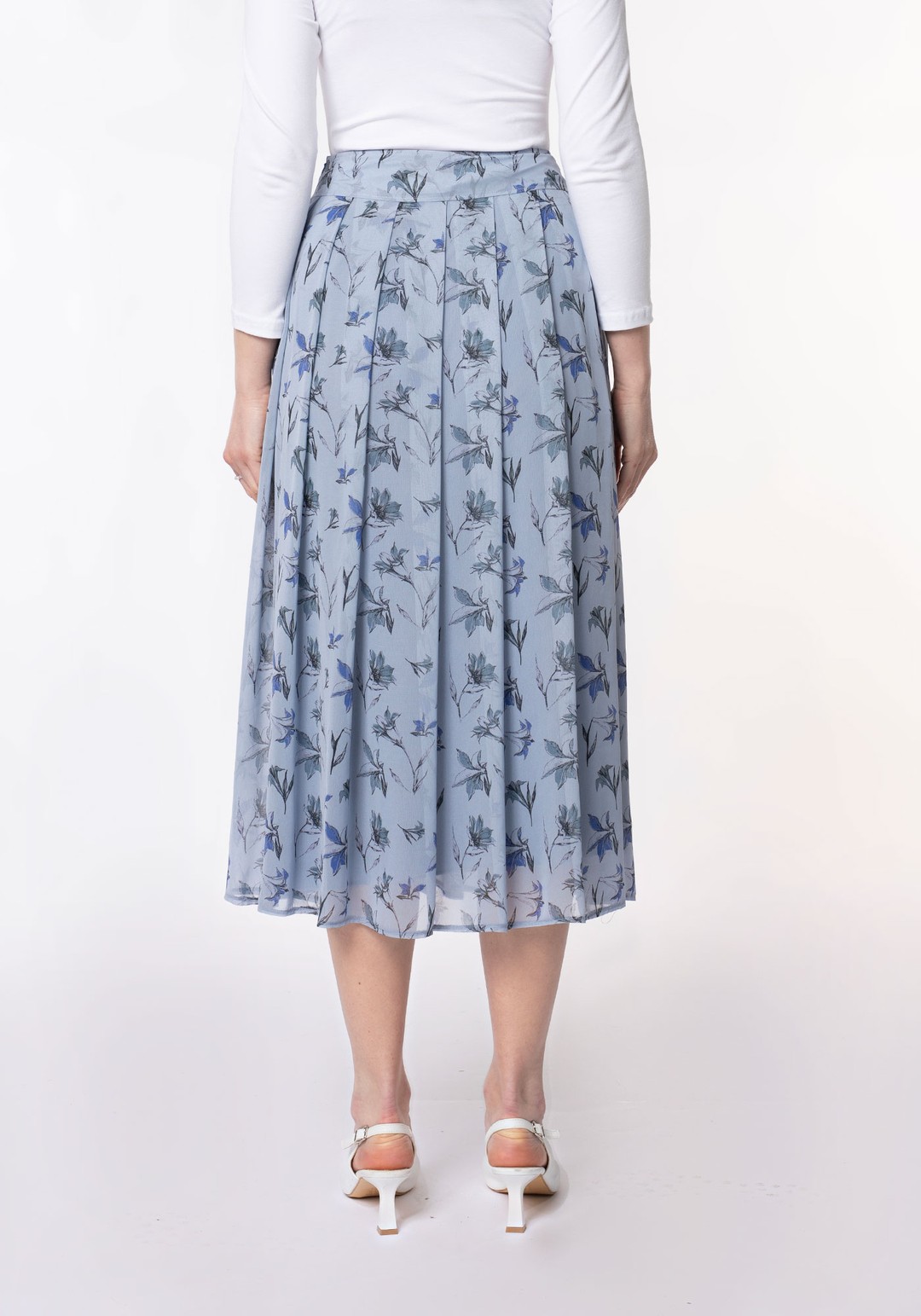 PREMİUM Desenli Şifon Denim rengi Max-Midi(90cm) boy Pileli Etek