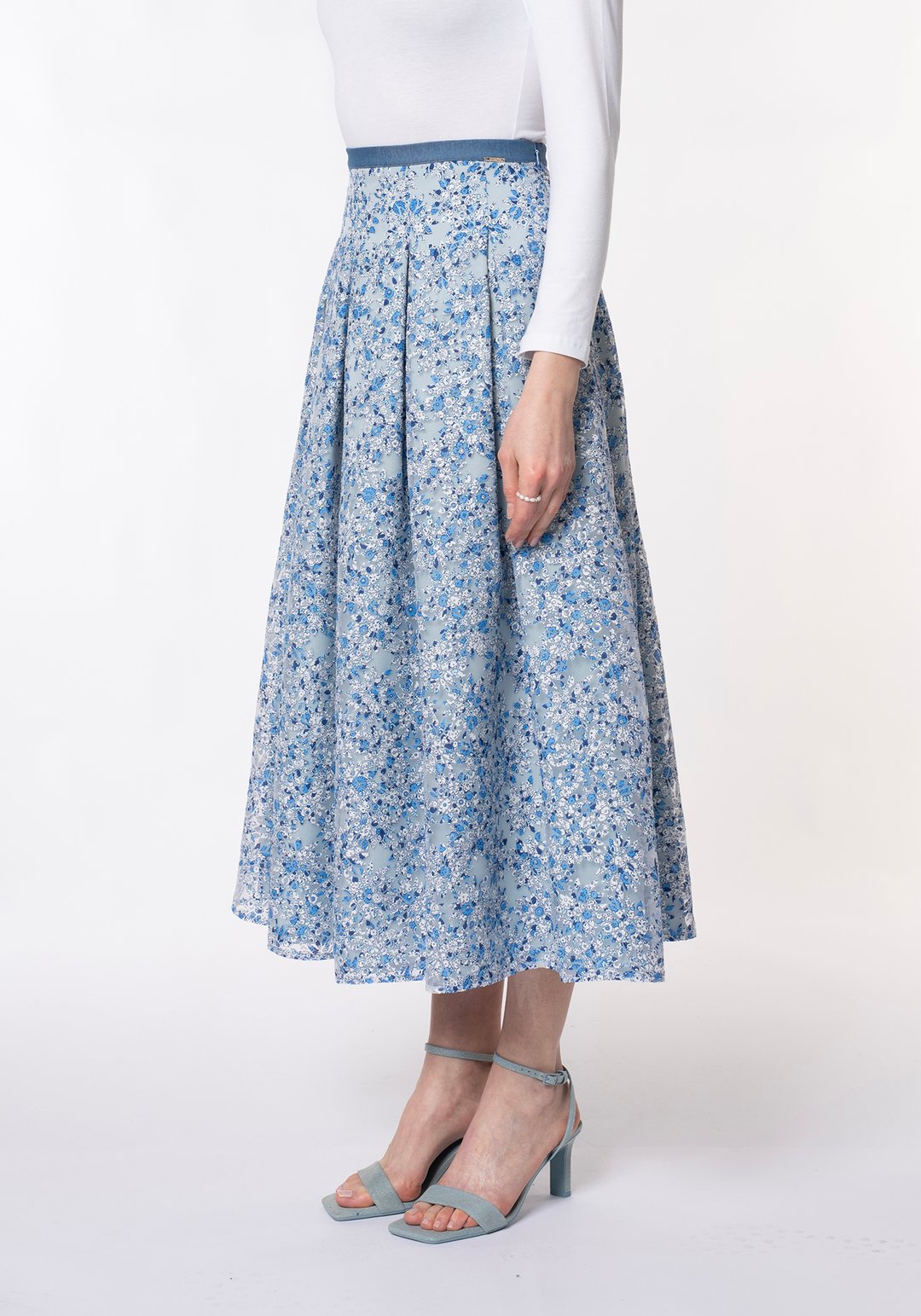 Yakma Organza Çiçek desenli Pileli Midi(90cm) boy Prenses Etek