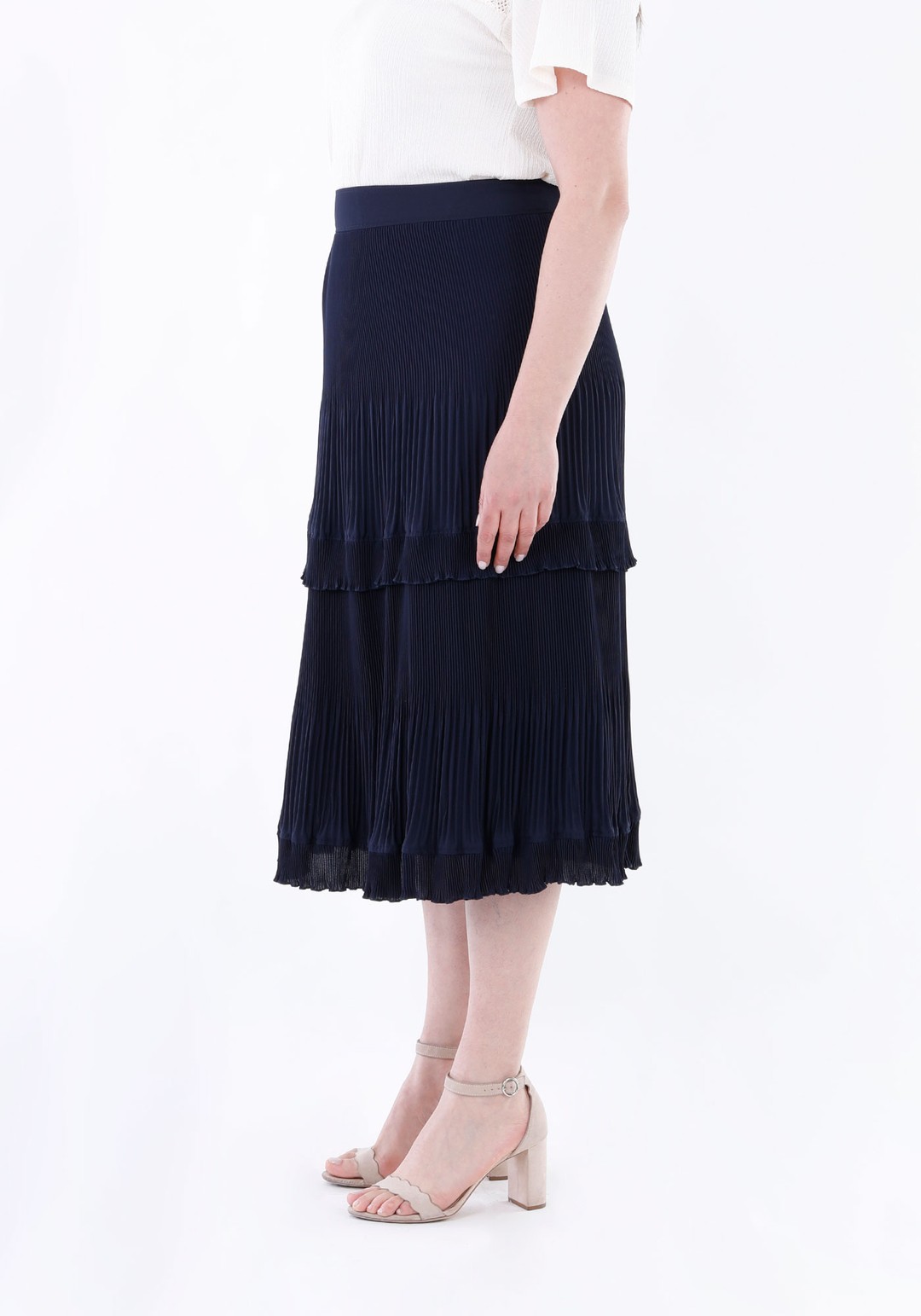 Büyük Beden Midi Boy Mini Plise Geçişli Volanlı Etek - NAVY BLUE
